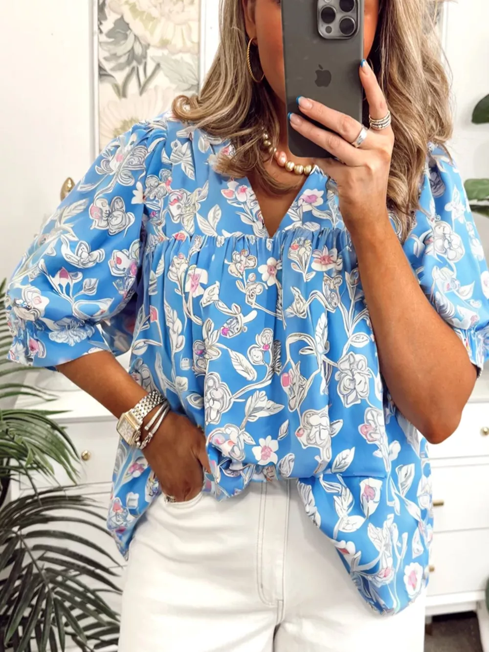 Notched Floral Print 3/4 Puff Sleeve Blouse