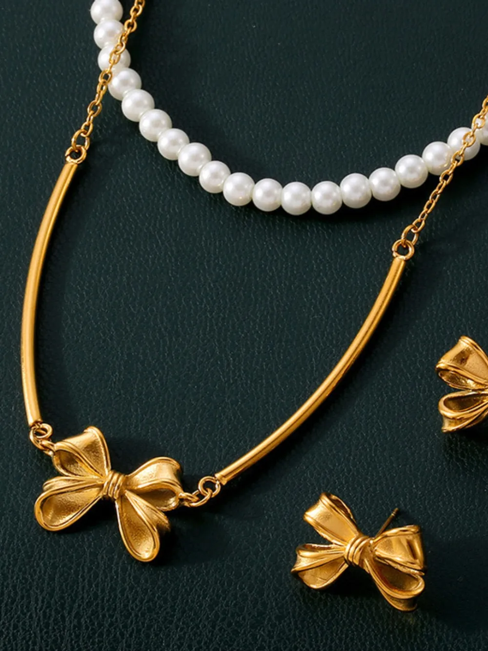 3 Piece Pearl Necklace, Bow Necklace and Stud Earrings Jewelry Set, image 6