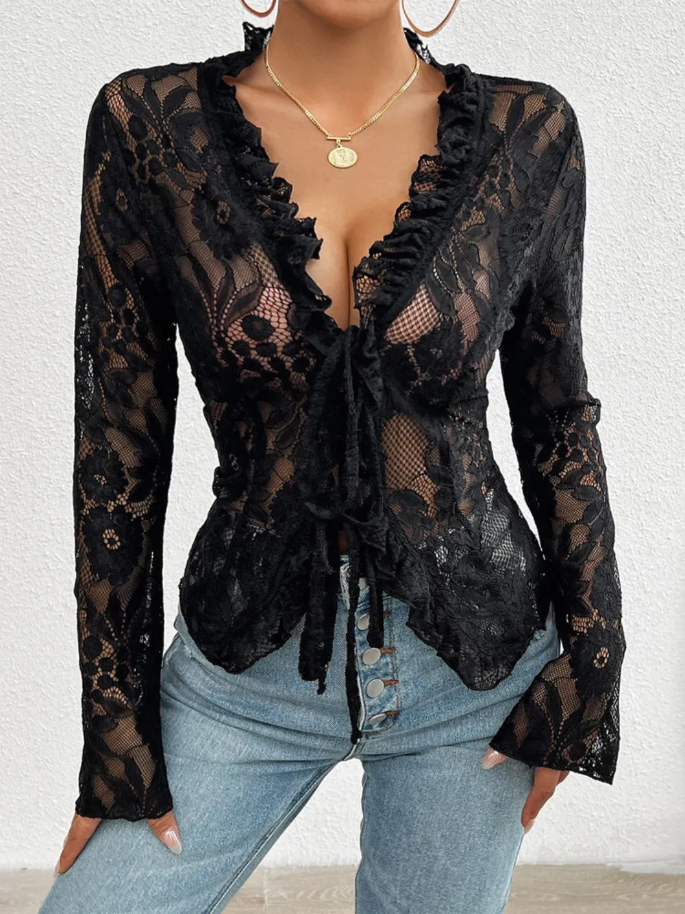 Tied V-Neck Long Sleeve Lace Top, image 2