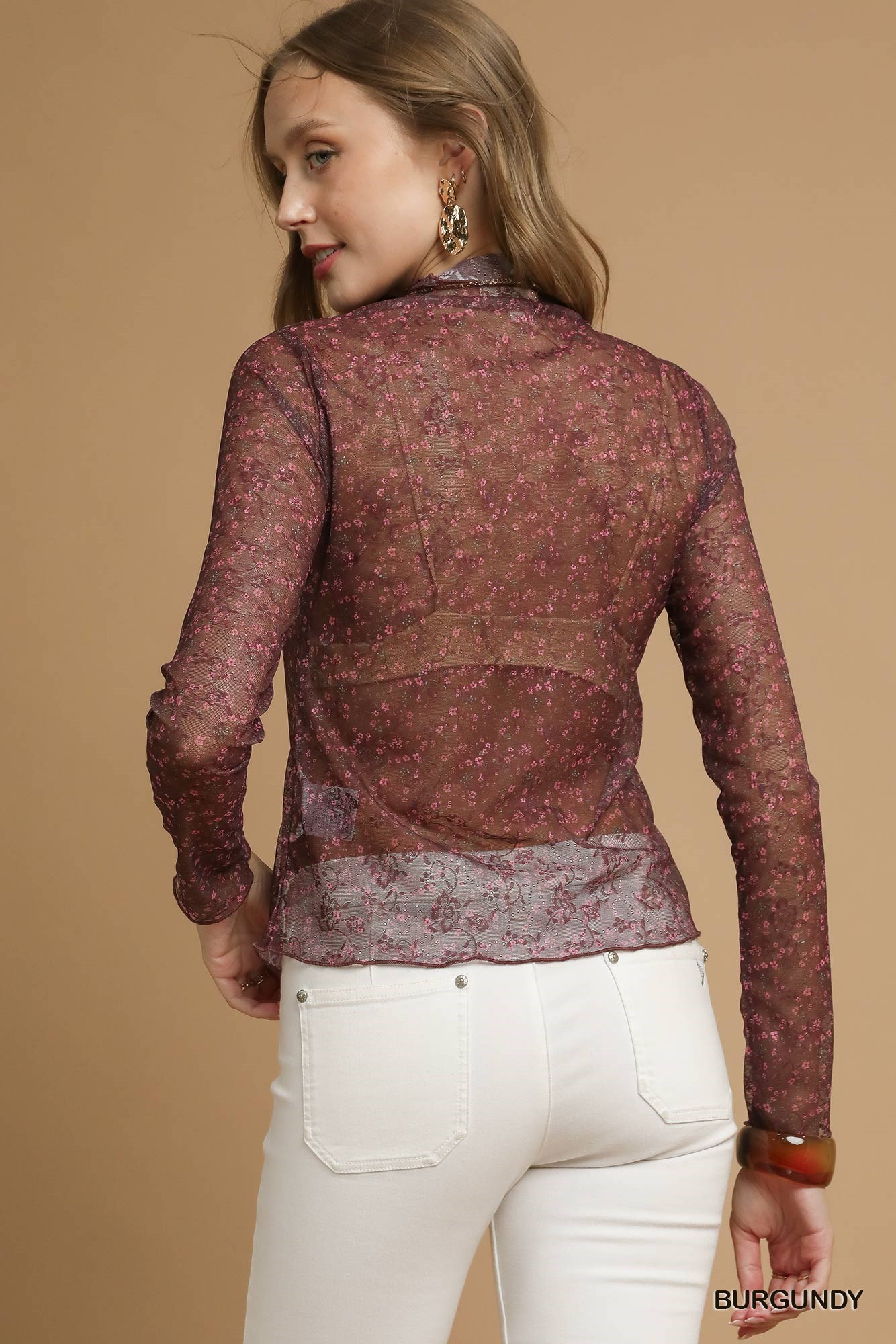 Nylon Lace Mesh Long Sleeve Top, image 5