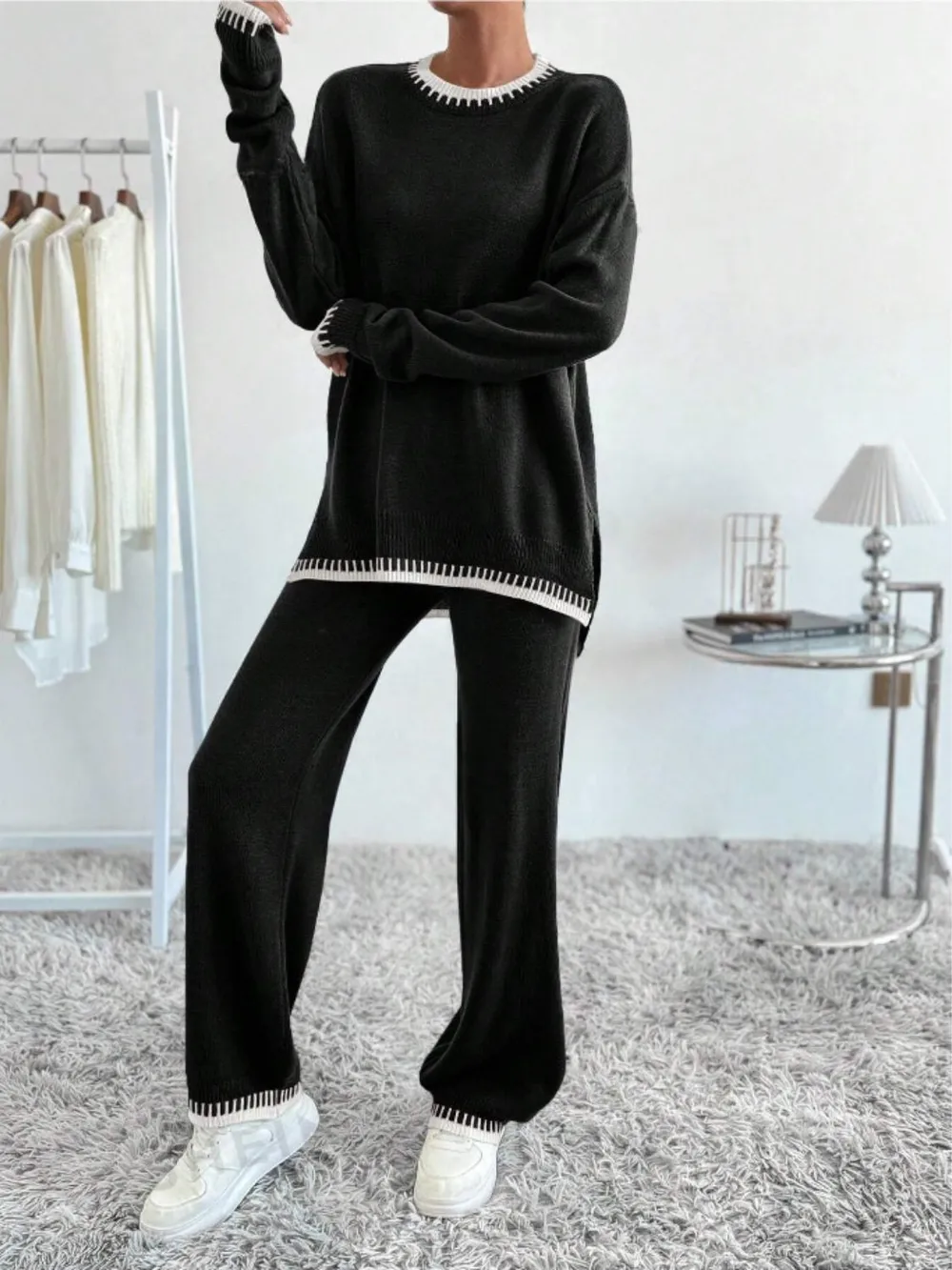 Side Slit Contrast Trim Round Neck Top and Pants Sweater Set, image 5
