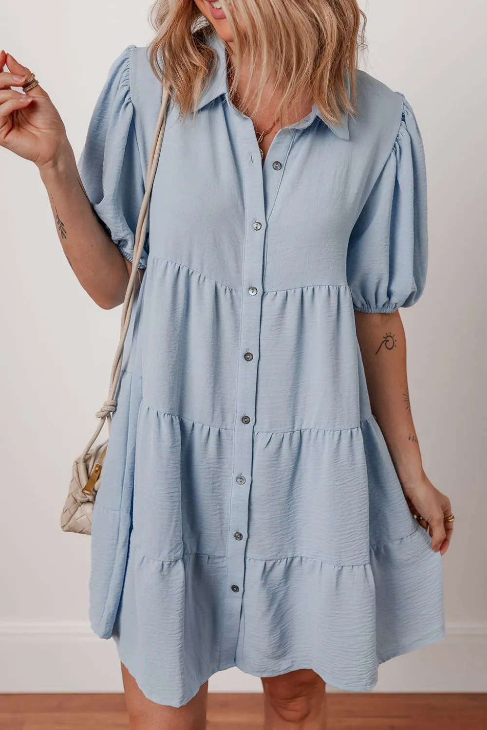 Button Up Puff Sleeve Tiered Shirt Dress, image 2