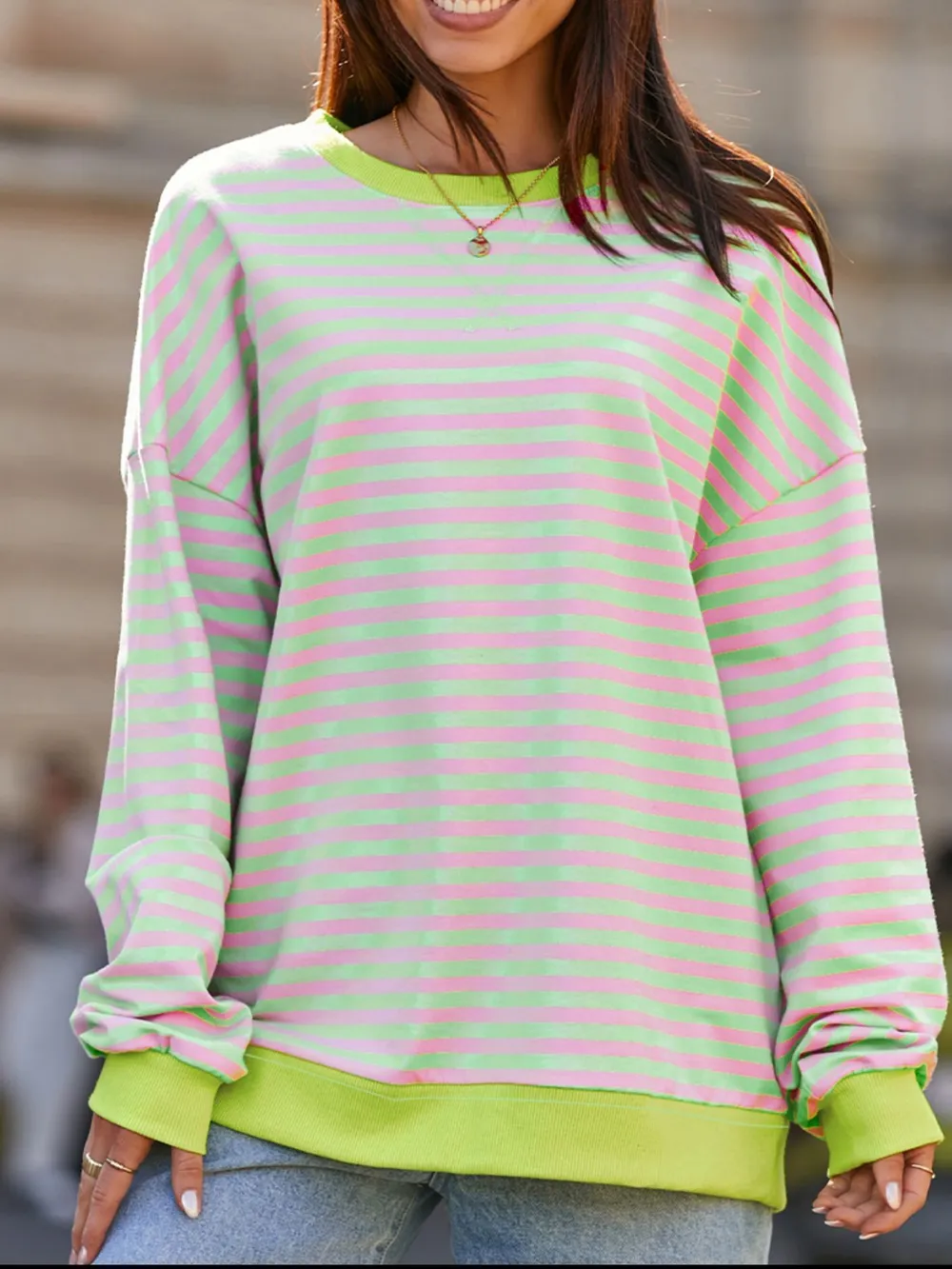 Striped Contrast Ribbed Trim Drop Shoulder Sweatshirt, image 2