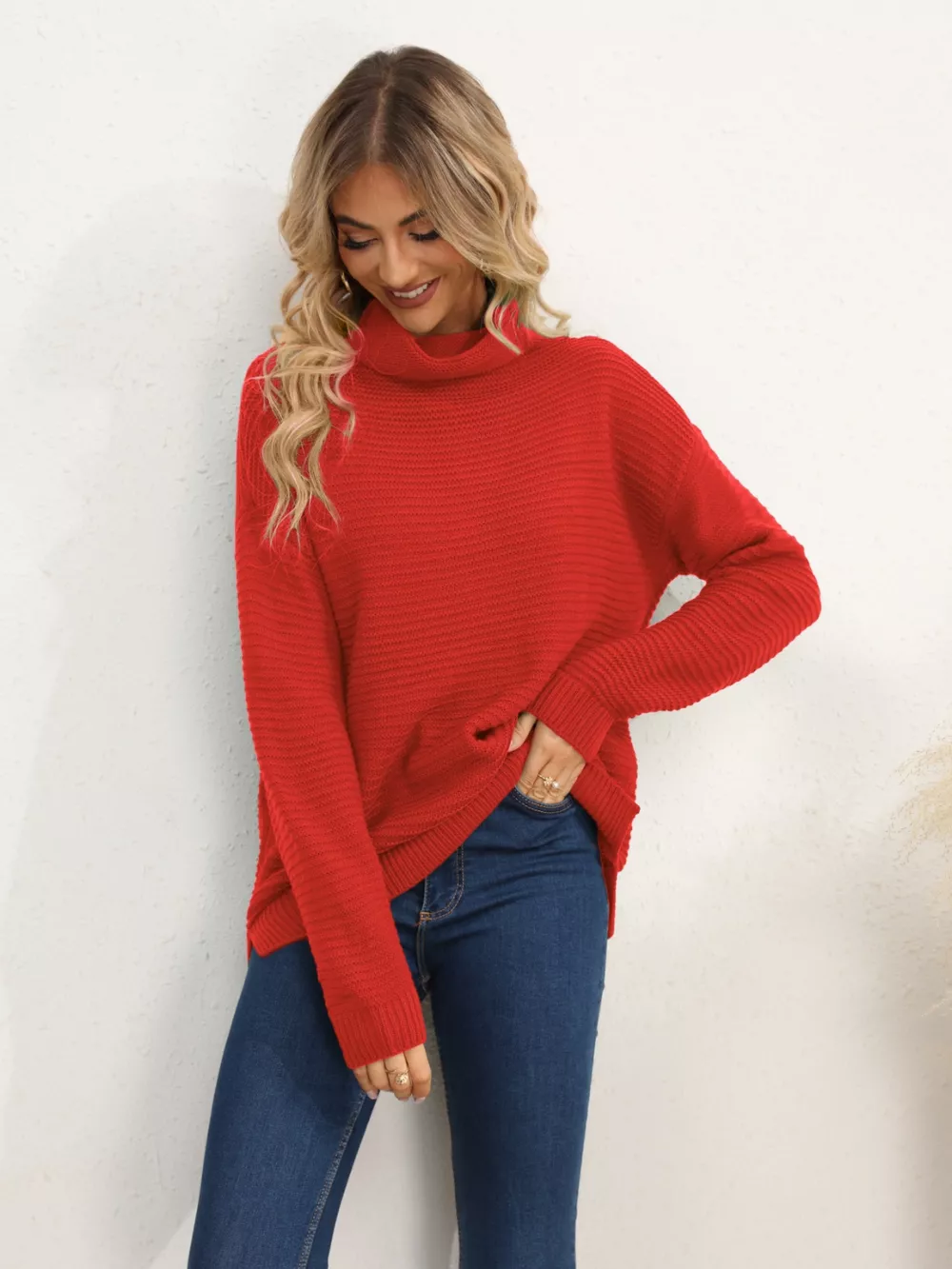 Slit Turtleneck Dropped Shoulder Sweater, image 11