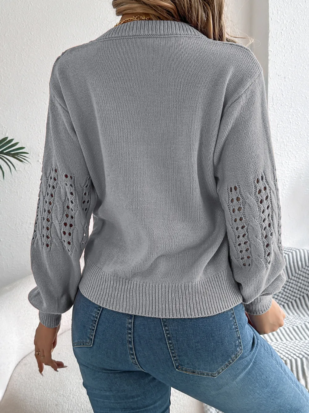 Openwork Round Neck Long Sleeve Sweater, image 5