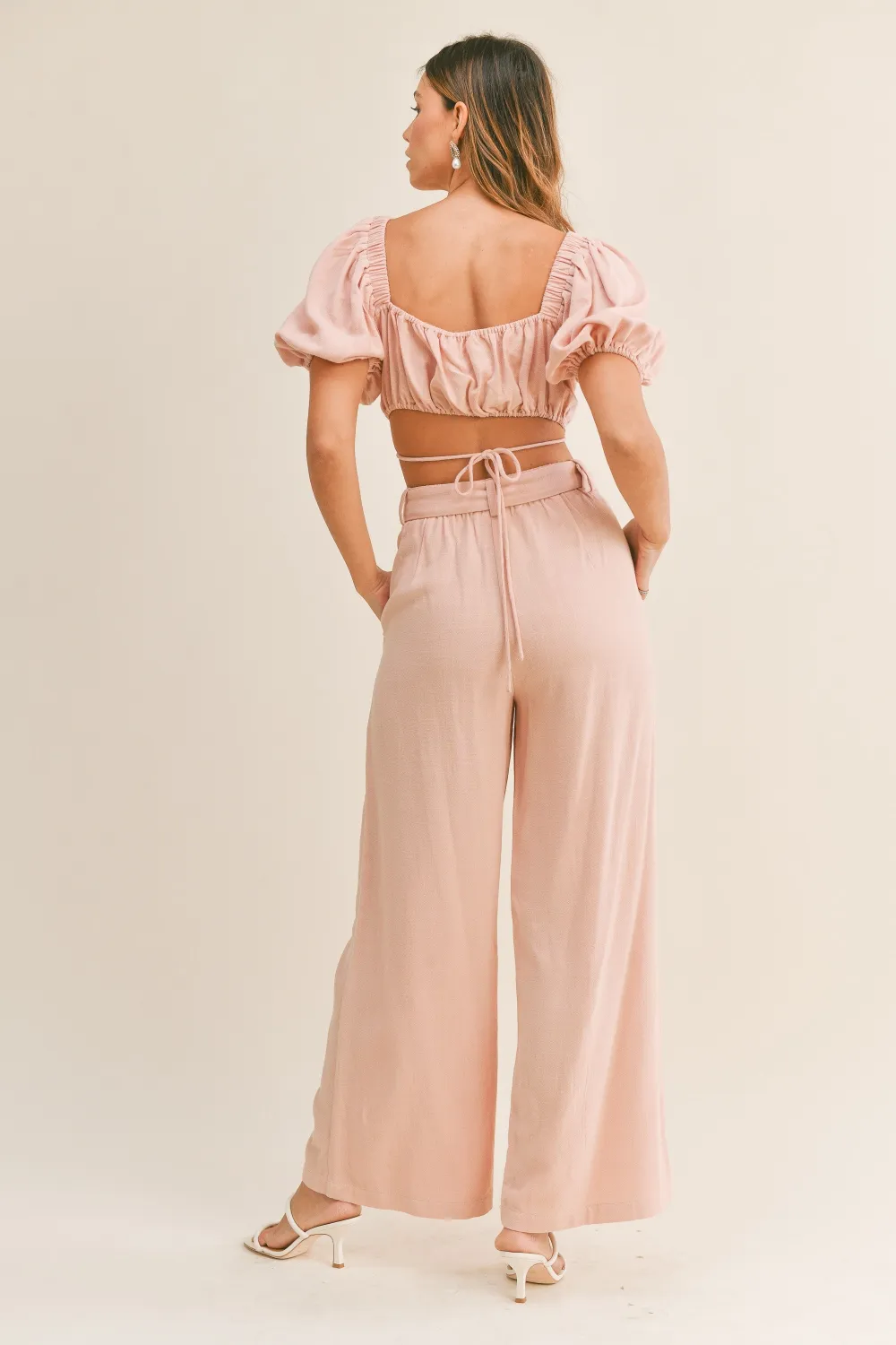 Cut Out Drawstring Crop Top and Belted Pants Set, image 2
