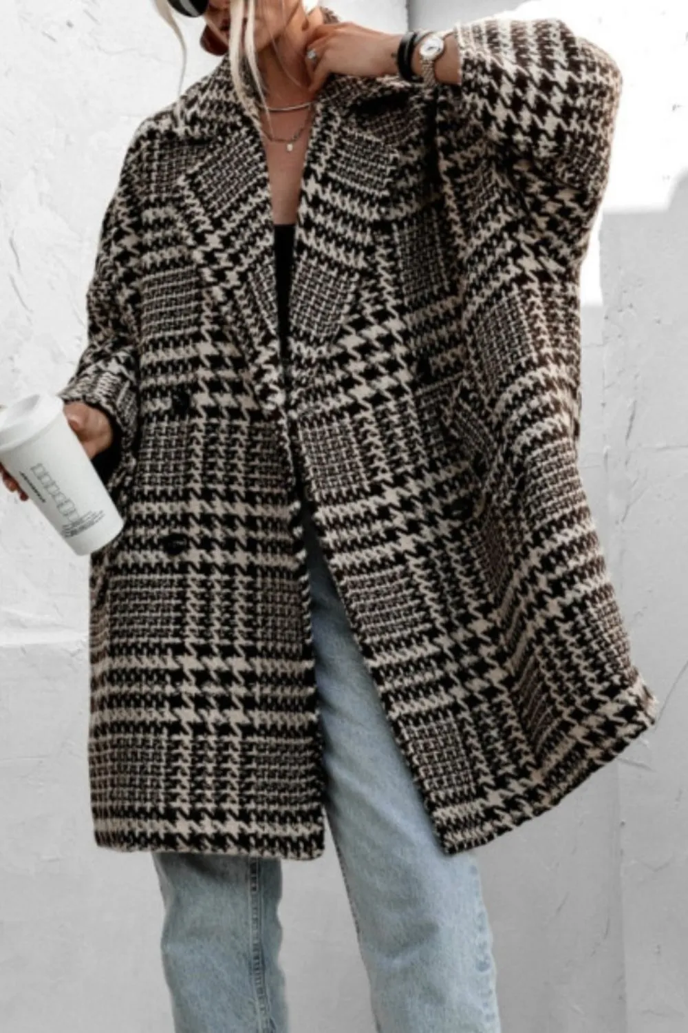 Houndstooth Collared Neck Long Sleeve Coat with Pockets, image 3