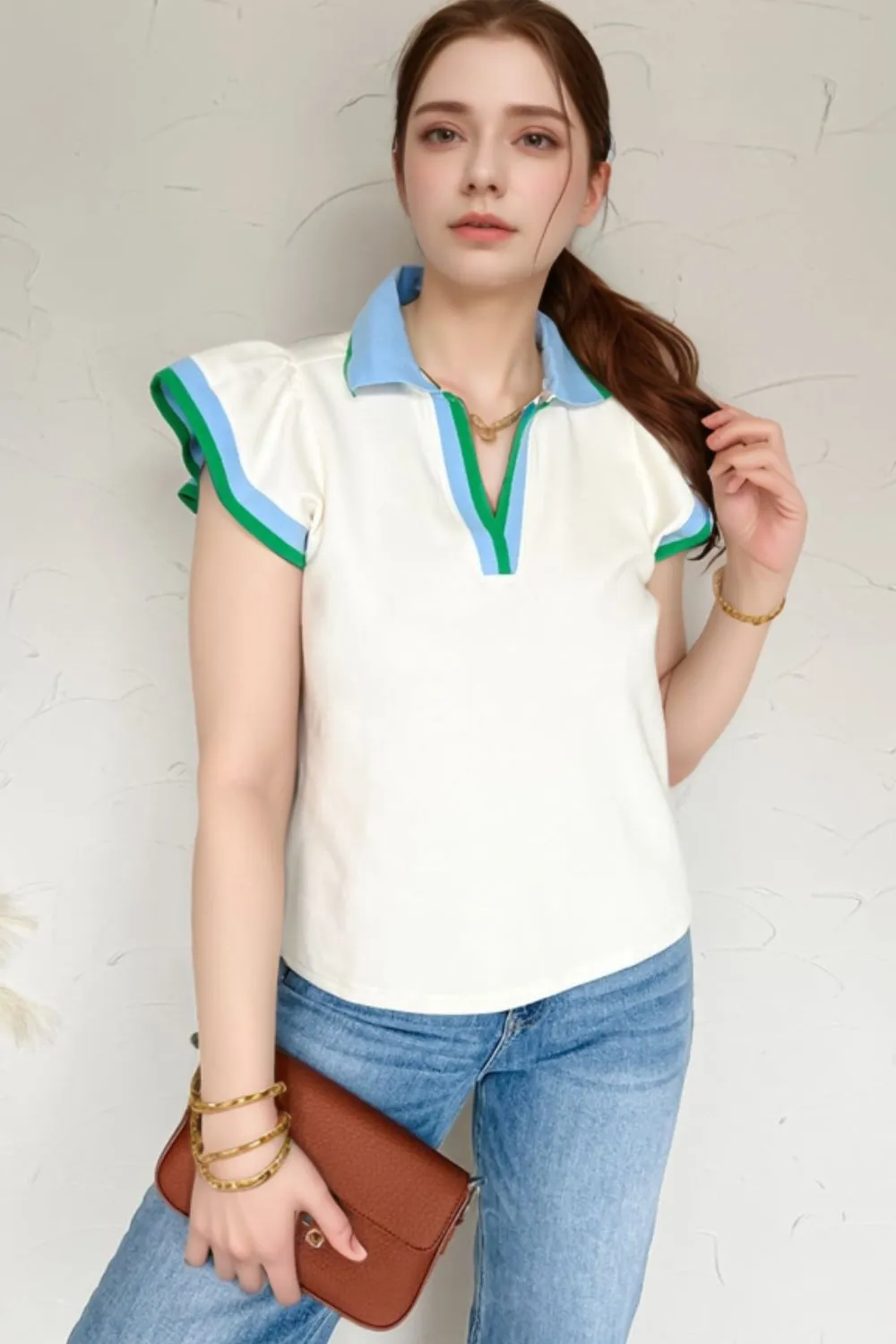 Contrast Ruffled Sleeve Collared V Neck Blouse, image 2