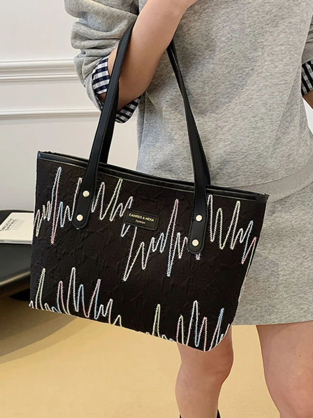 Contrast PU Leather Tote Bag, image 2