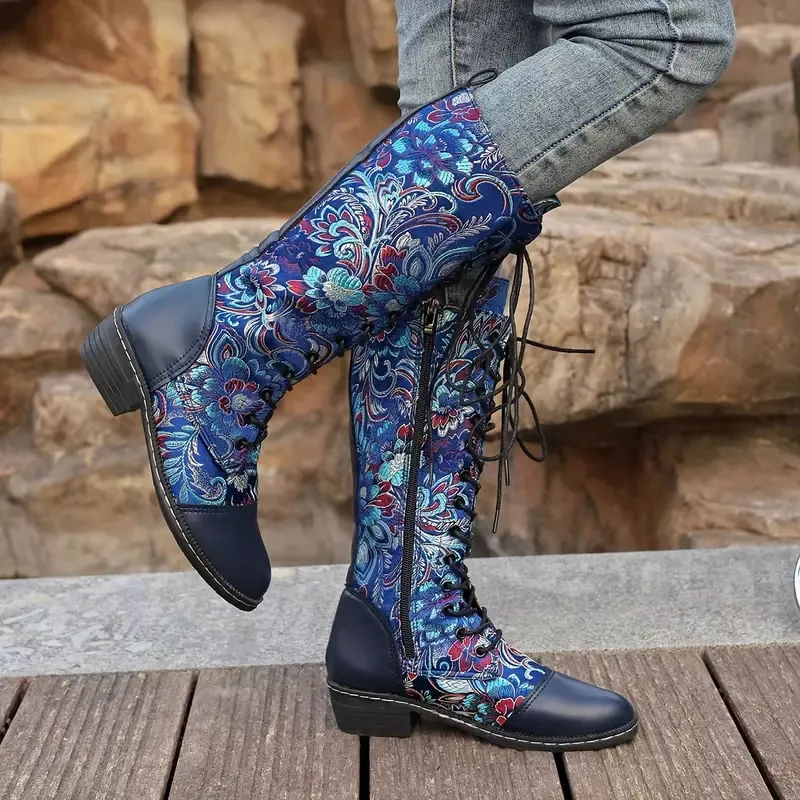 Embroidered Lace-Up Knee High Boots, image 7