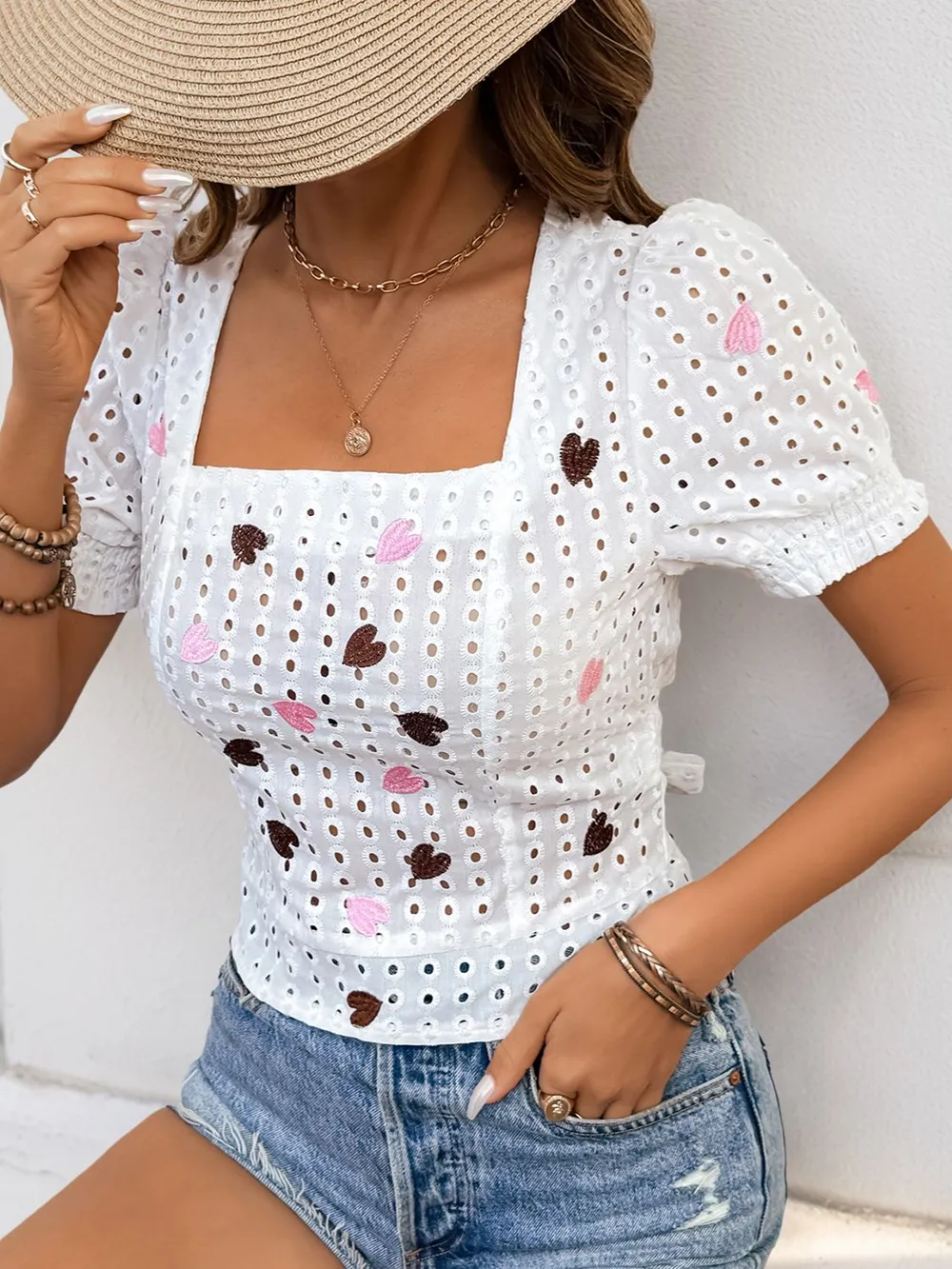 Eyelet Heart Square Neck Short Sleeve Blouse, image 2