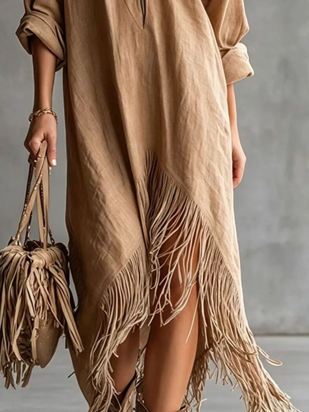 Zipper-Front Fringe Hem Midi Dress, image 9