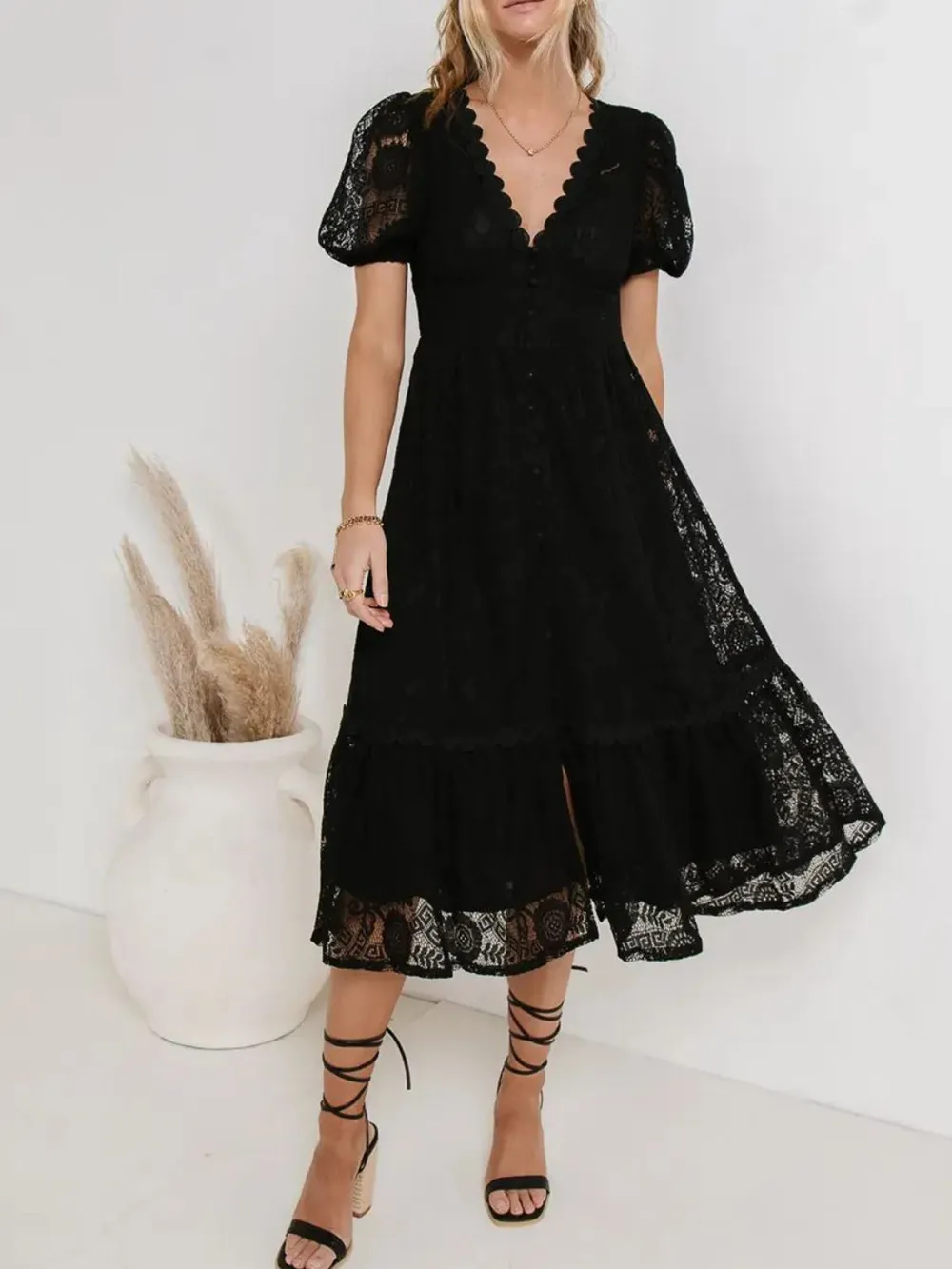 Lace V-Neck Short Sleeve Dress, image 14