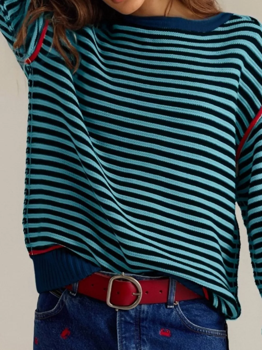 Striped Round Neck Long Sleeve Sweater, image 2