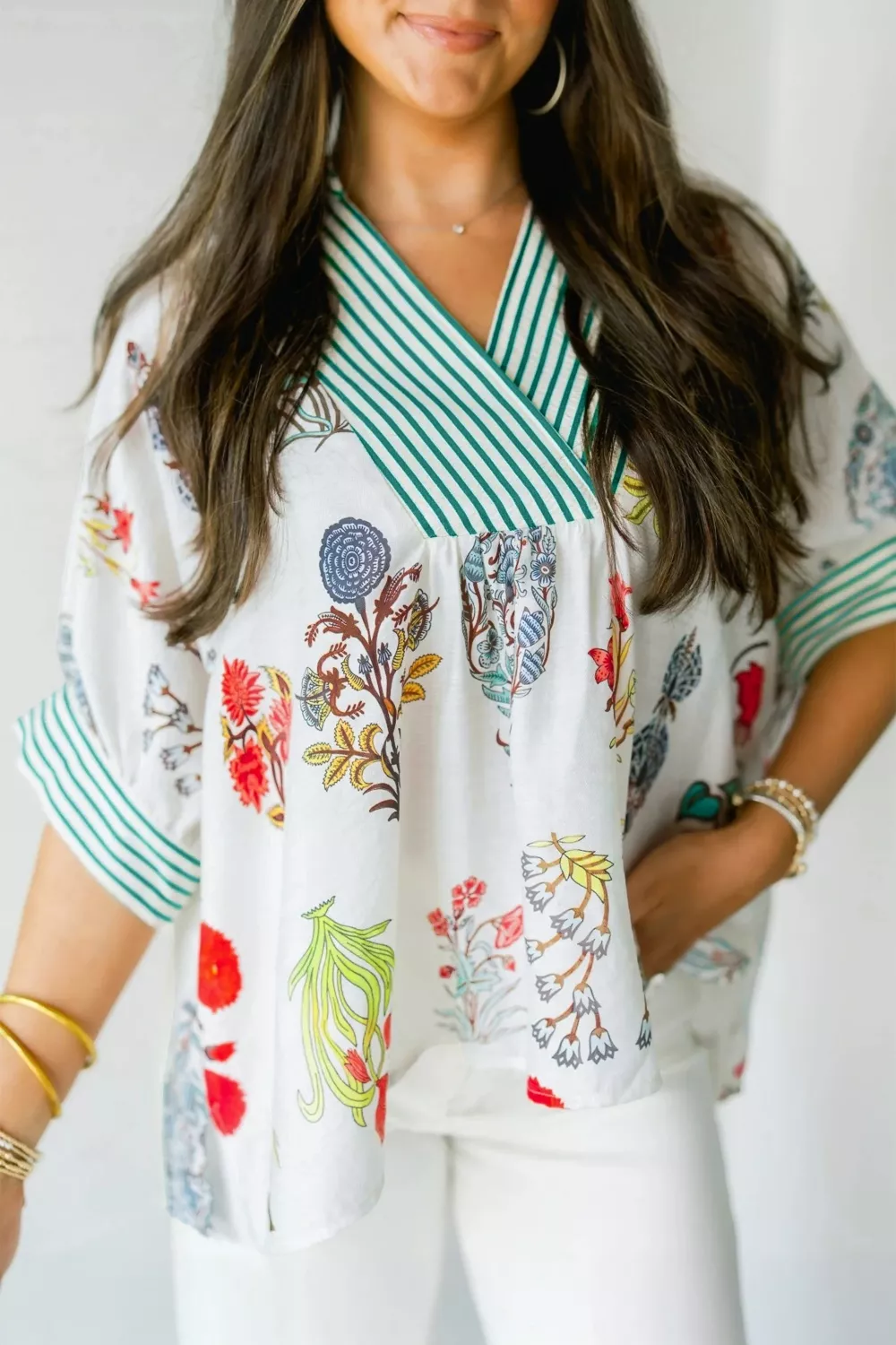 Floral Print Striped Contrast Trim V Neck Half Sleeve Blouse, image 4
