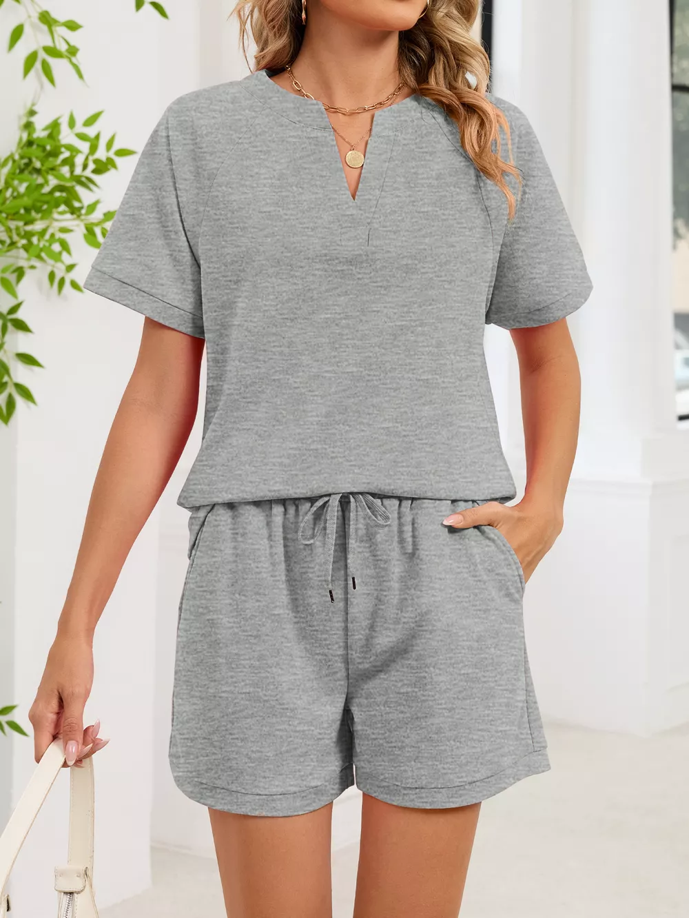 Notched Short Sleeve Top and Shorts Set, image 2