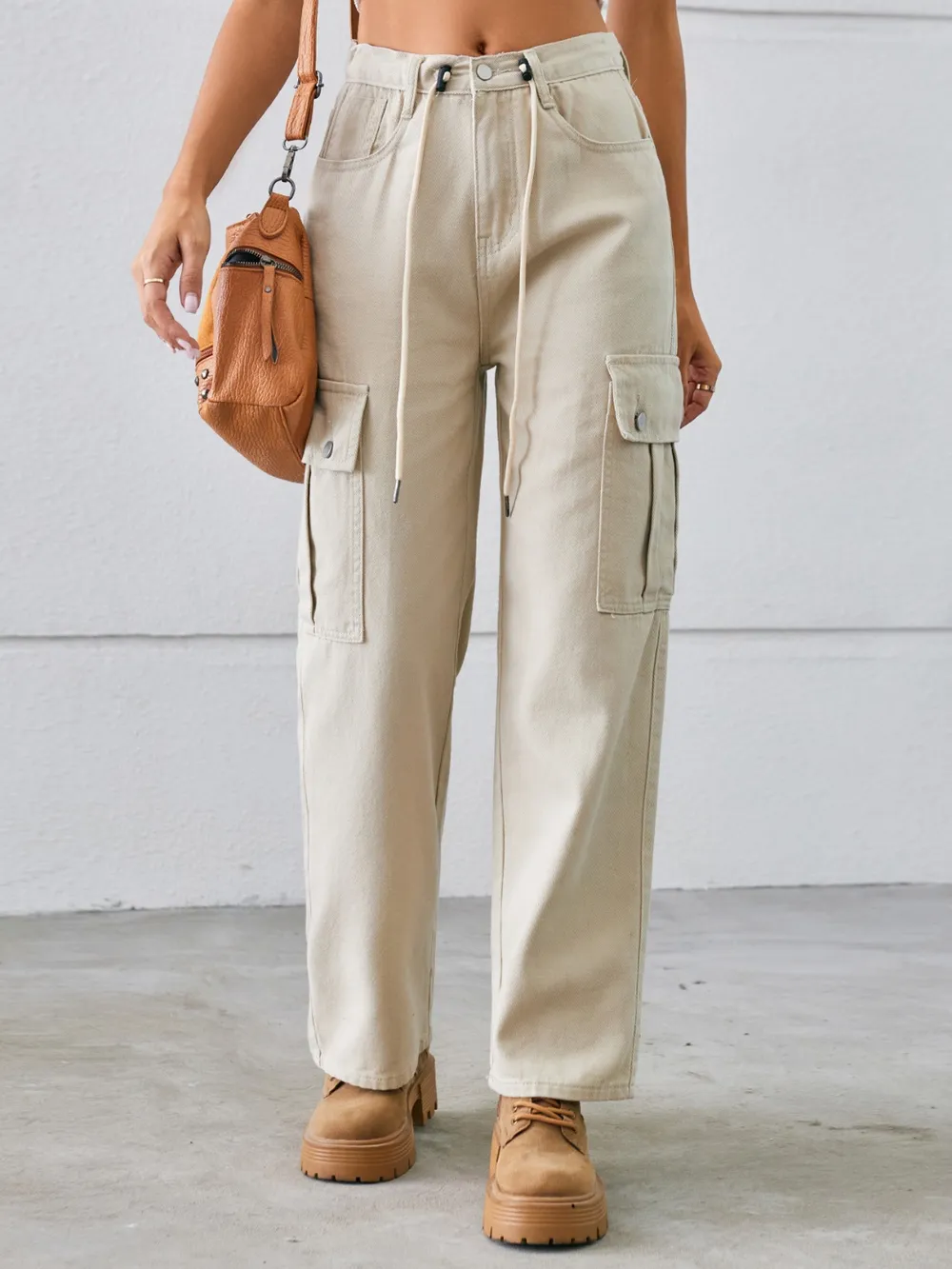 Drawstring Mid-Rise Waist Straight Cargo Jeans, image 2