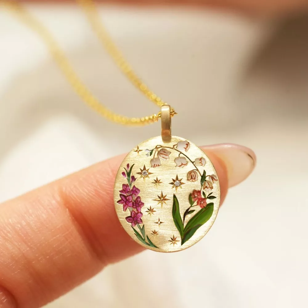 Titanium Steel Painted Oil Dripping Floral Oval Tarot Necklace, image 4