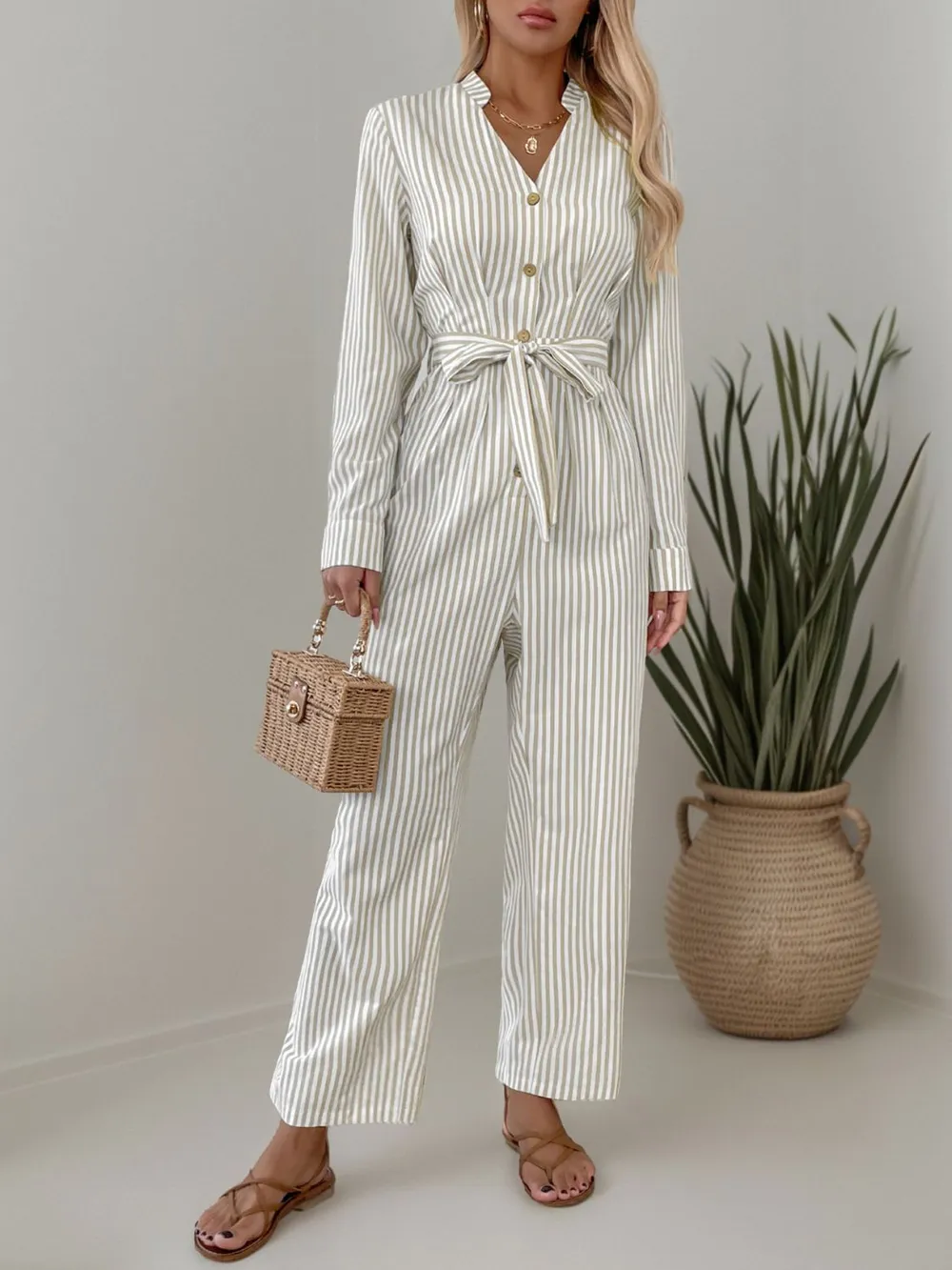 Striped Notched Long Sleeve Tie Waist Jumpsuit, image 4