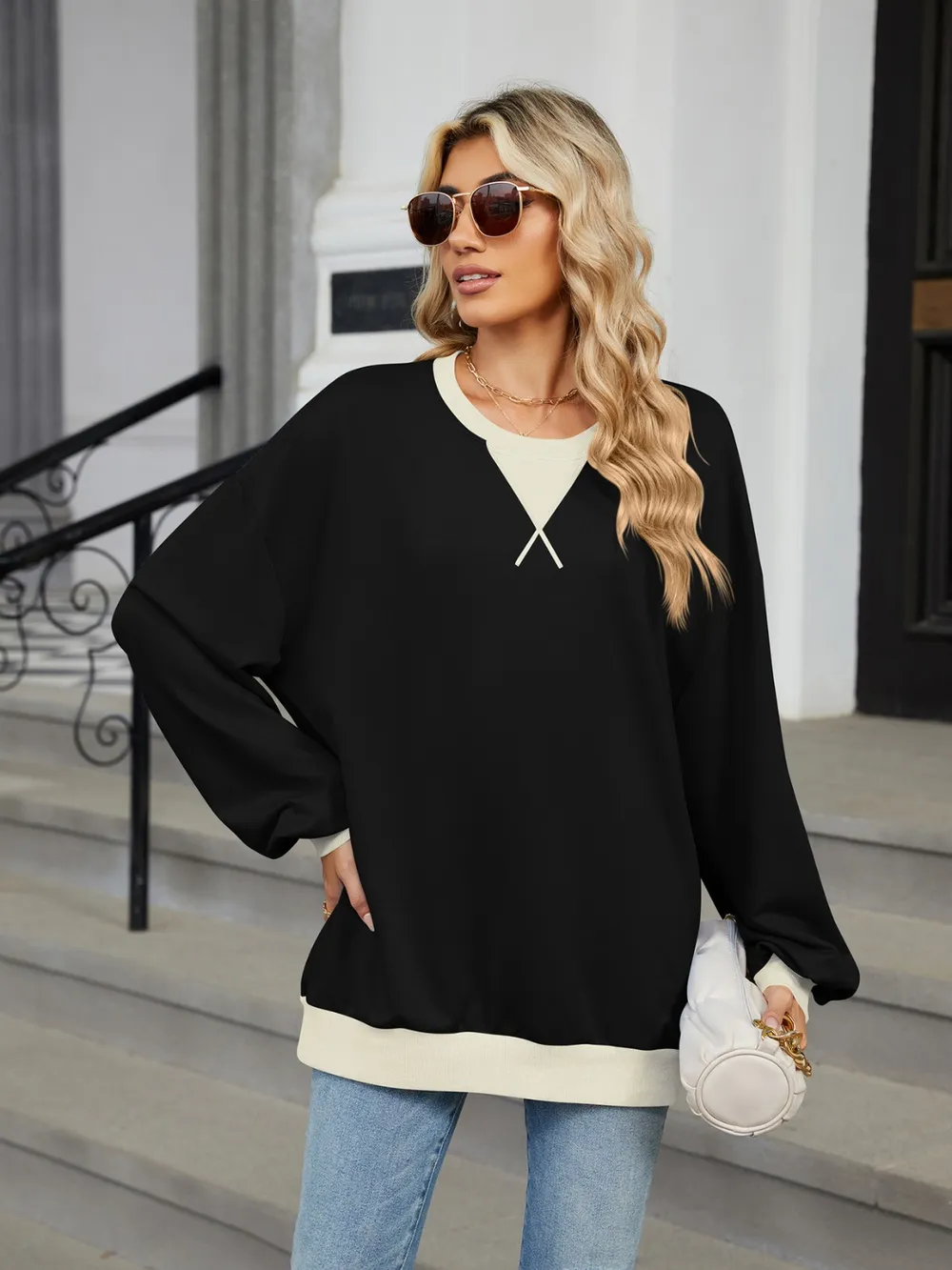Contrast Round Neck Long Sleeve Sweatshirt, image 13