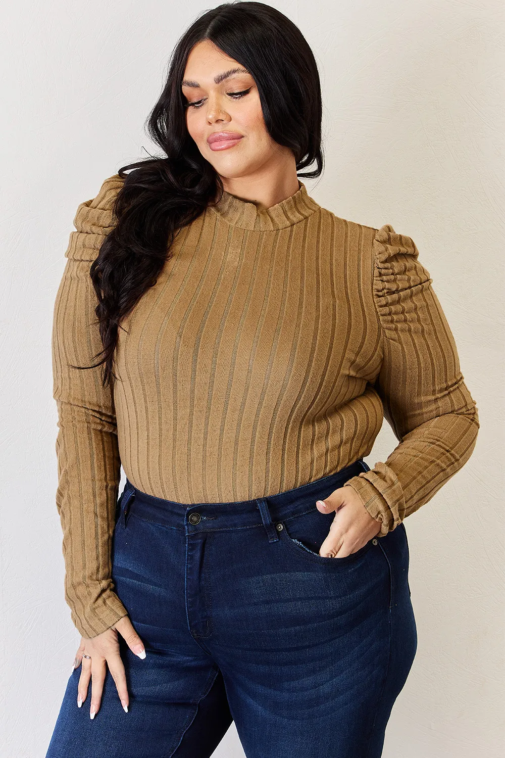 Full Size Ribbed Mock Neck Puff Sleeve T-Shirt, image 2