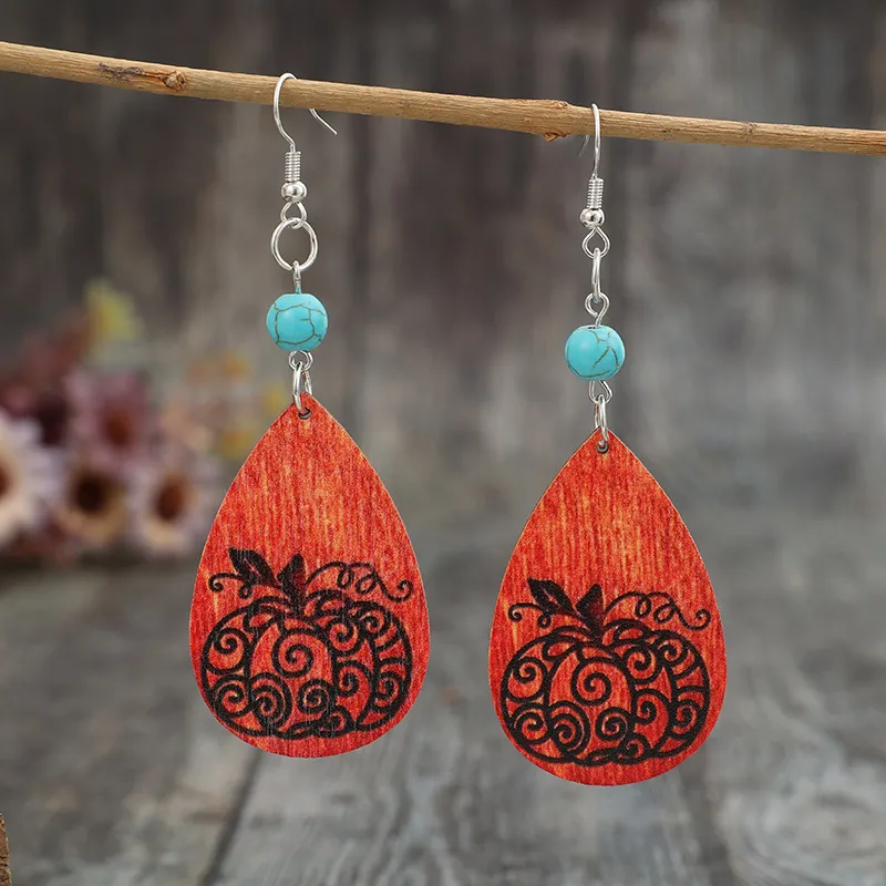 Turquoise Wooden Pumpkin Teardrop Earrings, image 2