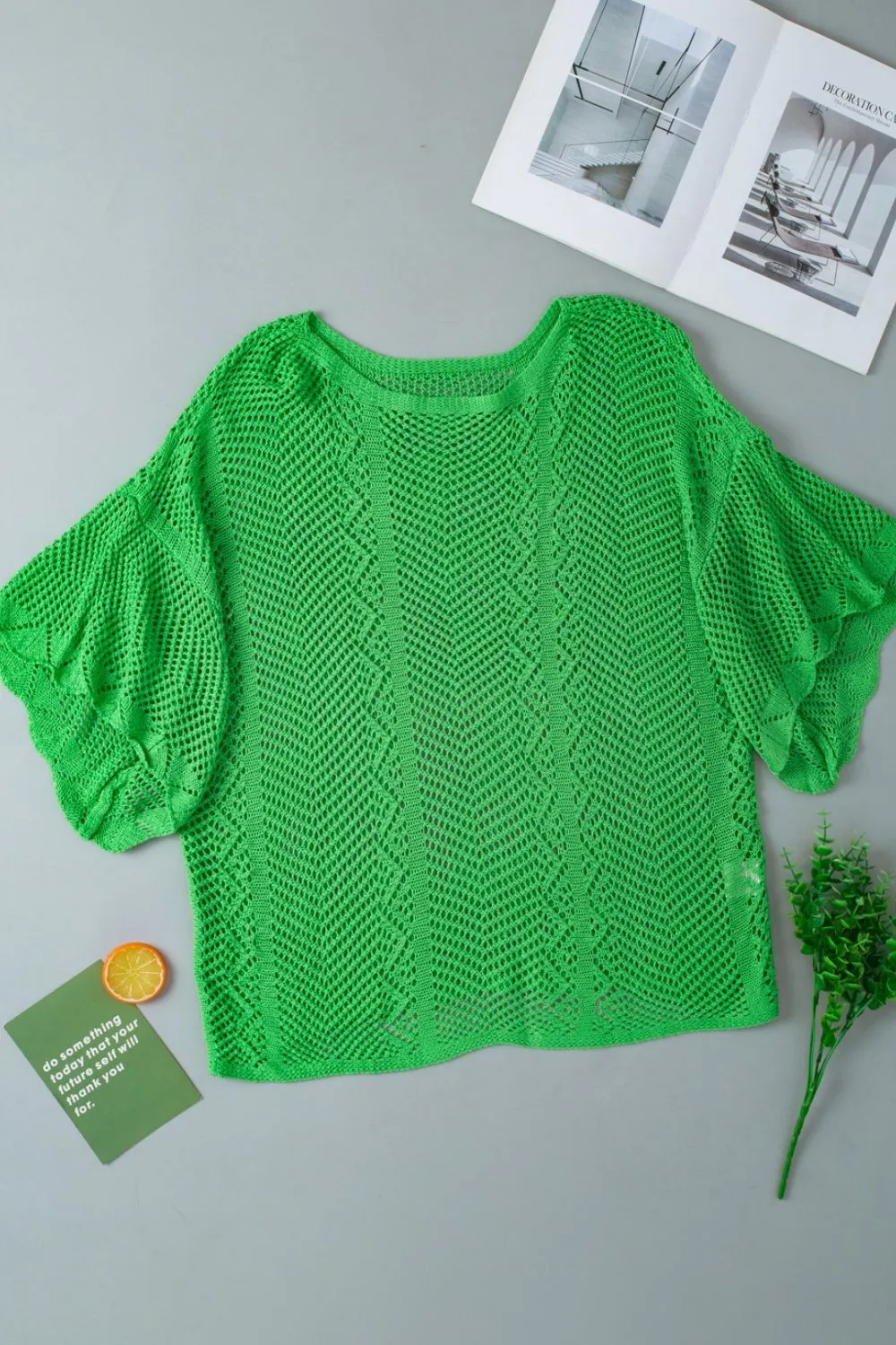 Scallop Edge Half Sleeve Pointelle Knit Top, image 2