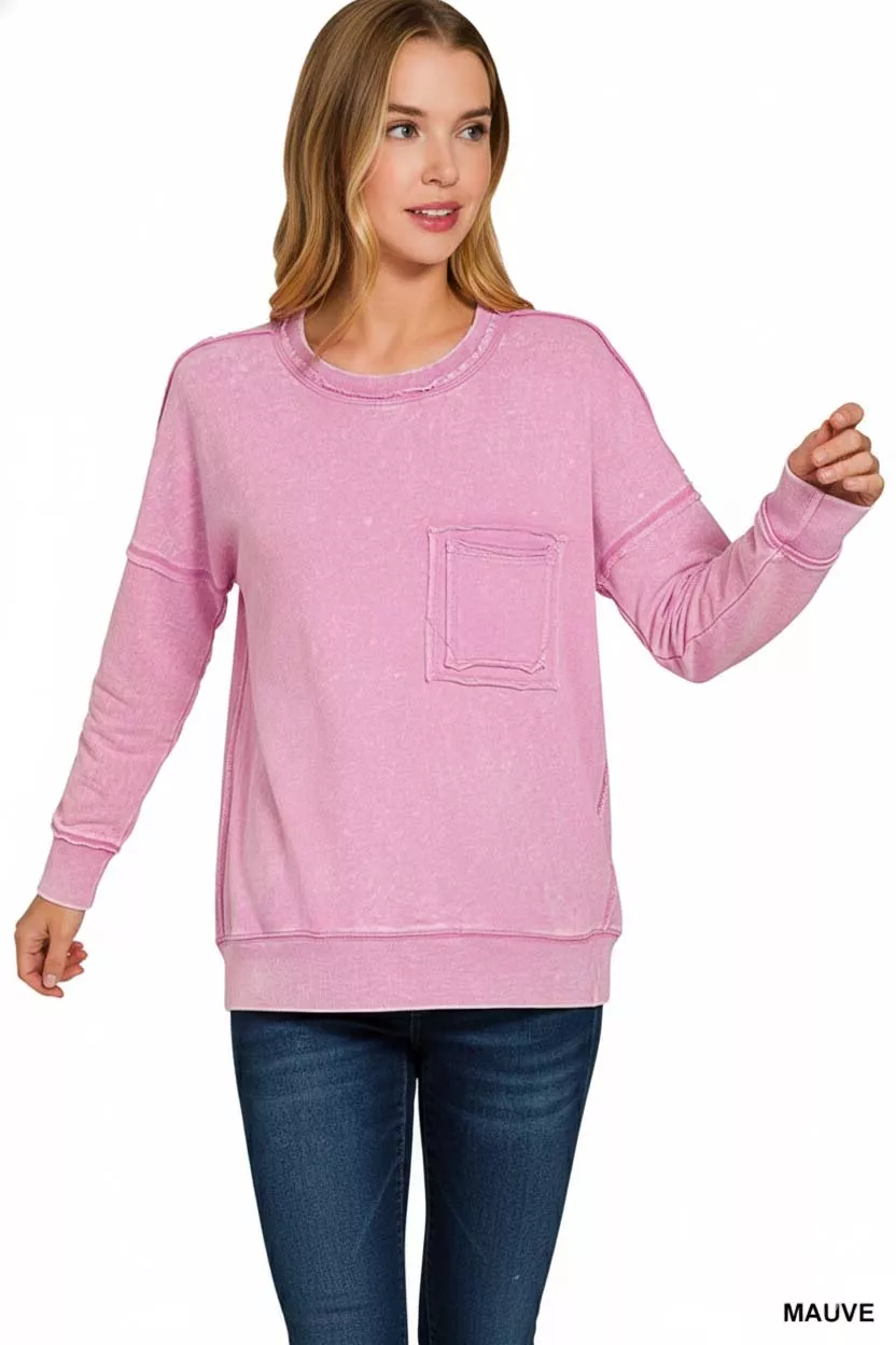 French Terry Washed Raw Edge Front Pocket Pullover, image 2