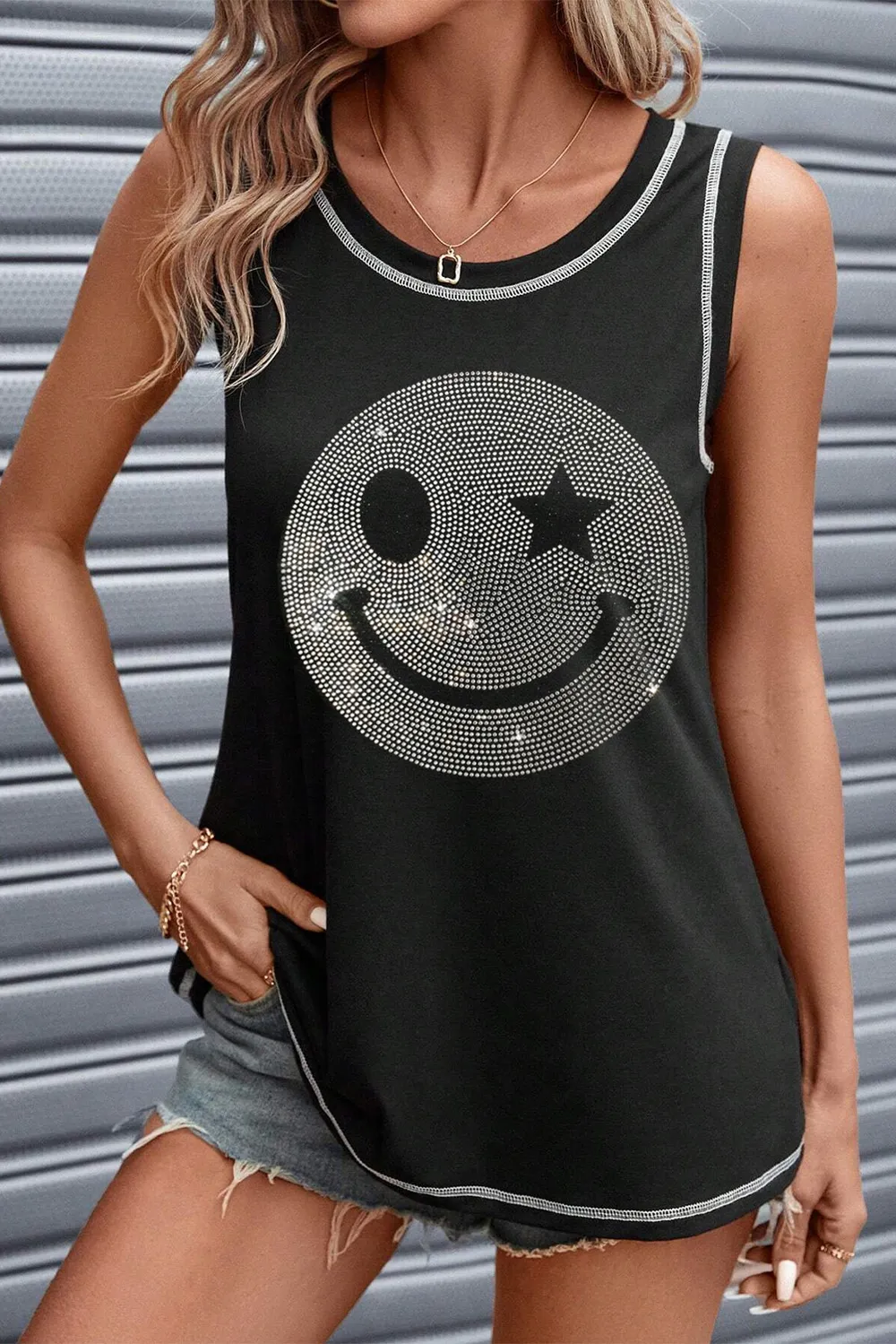 Rhinestone Smile Face Round Neck Tank, image 2