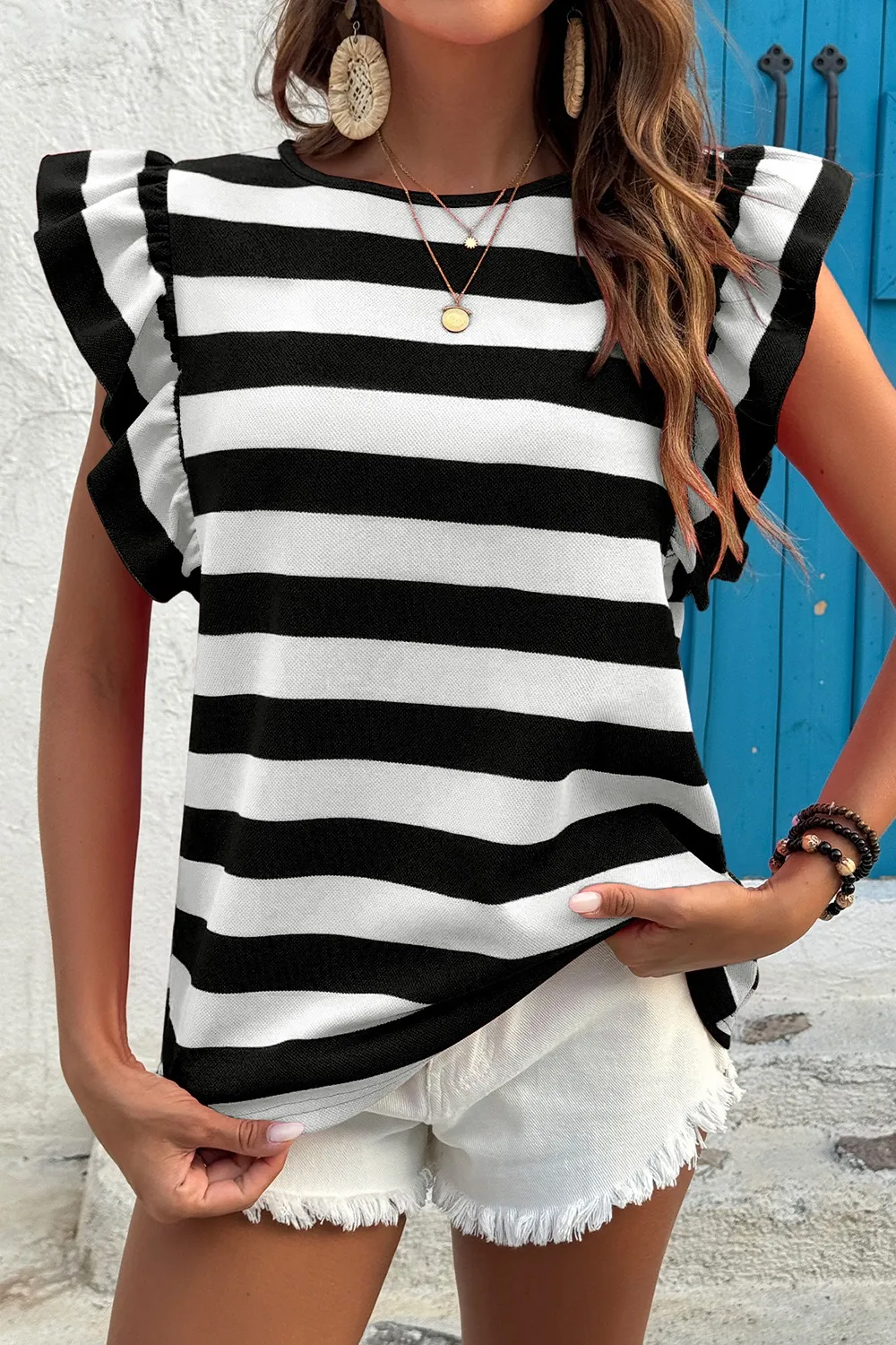 Ruffle Sleeve Striped T-Shirt, image 2