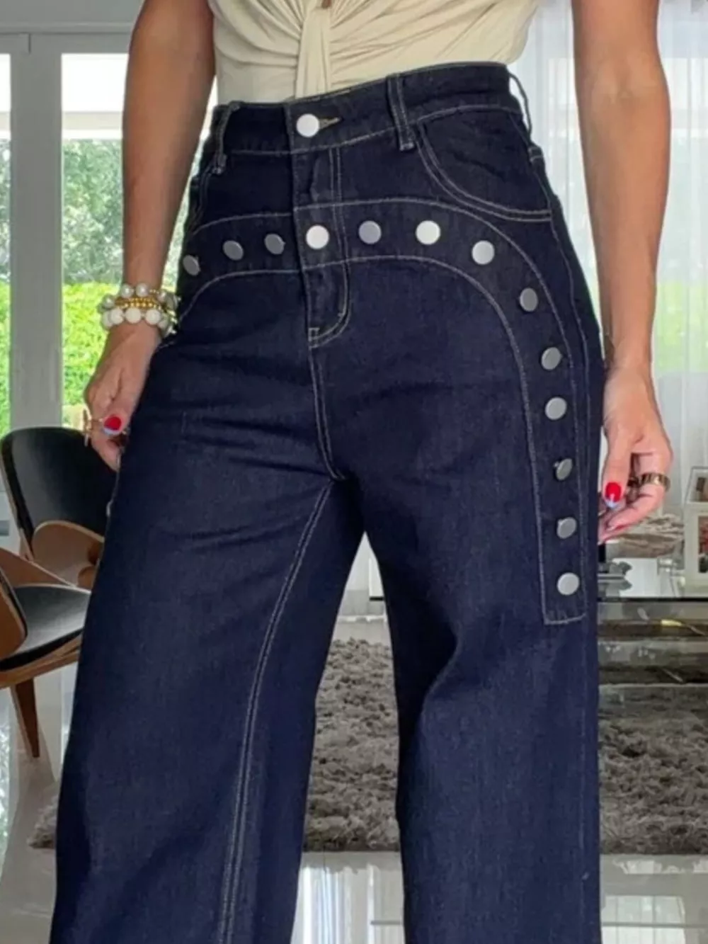 Decorative Button High-Waisted Wide-Leg Jeans, image 2
