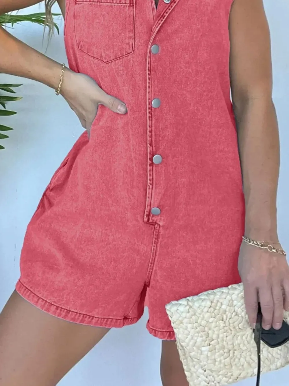 Button Front Sleeveless Denim Romper, image 13