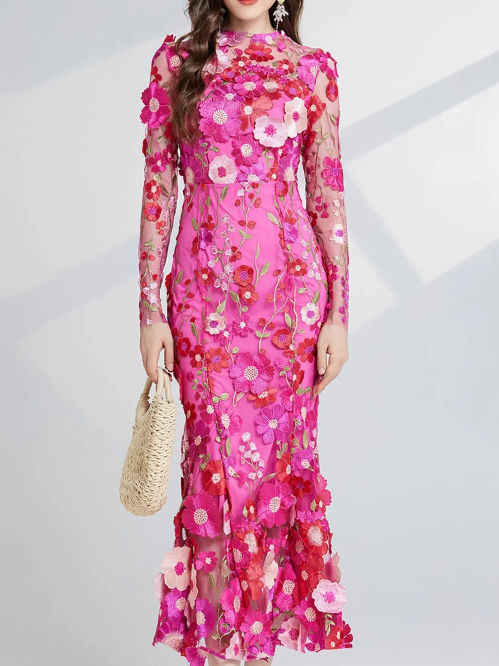 Floral Embroidered Mesh Long Sleeve Midi Dress, image 4