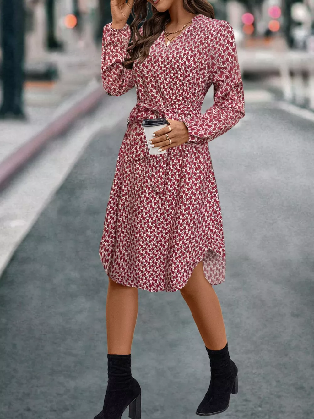 V-Neck Long Sleeve Printed Dress, image 2