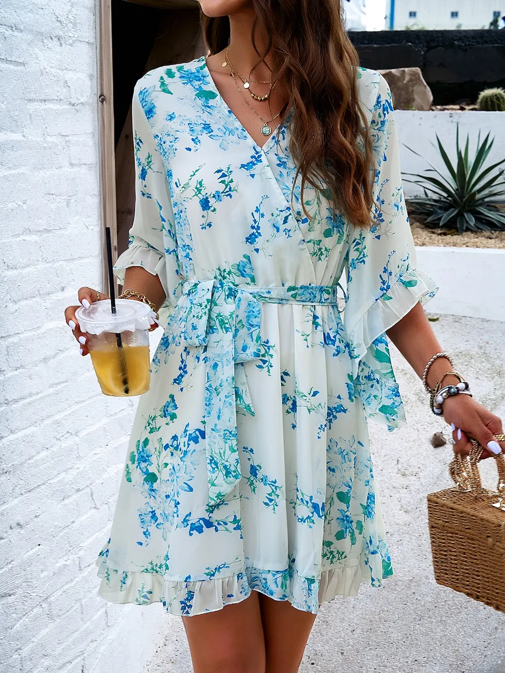 Ruffled Printed Surplice Half Sleeve Mini Dress, image 8