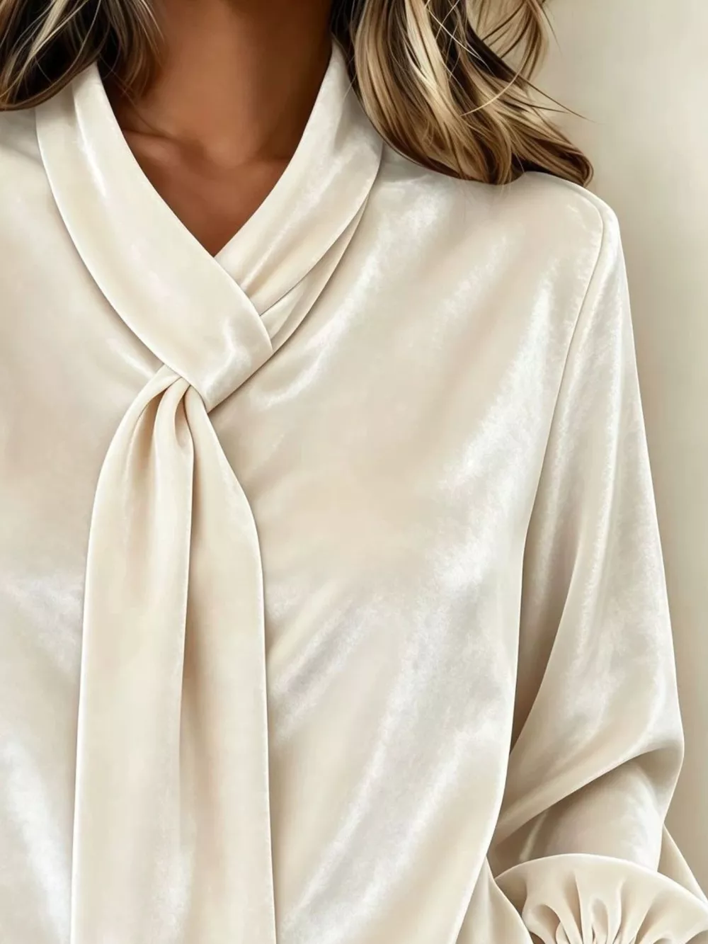 Full Size Velvet Tie-Neck Long Sleeve Top Plus Size, image 2