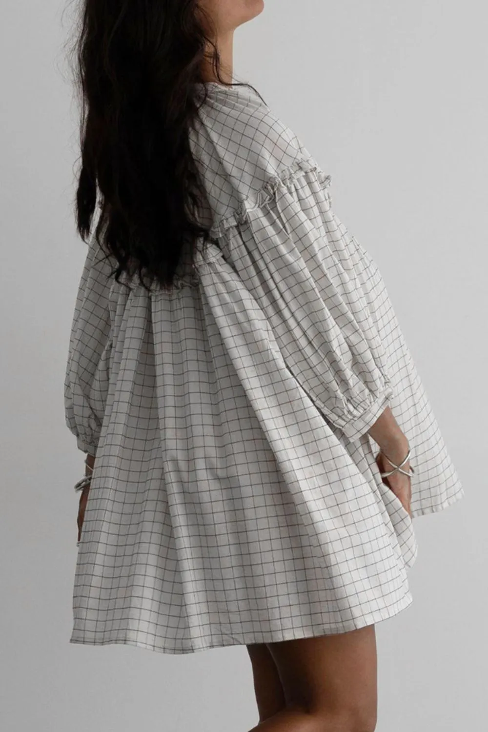 Frill Plaid Notched Balloon Sleeve Mini Dress, image 2