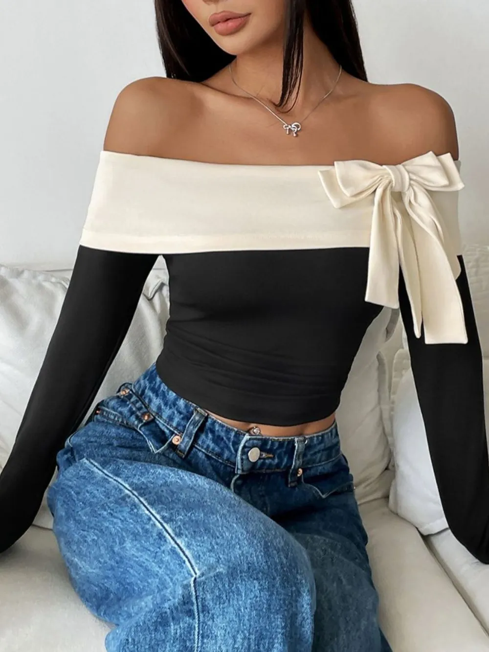 Bow Contrast Off-Shoulder Long Sleeve Top, image 2