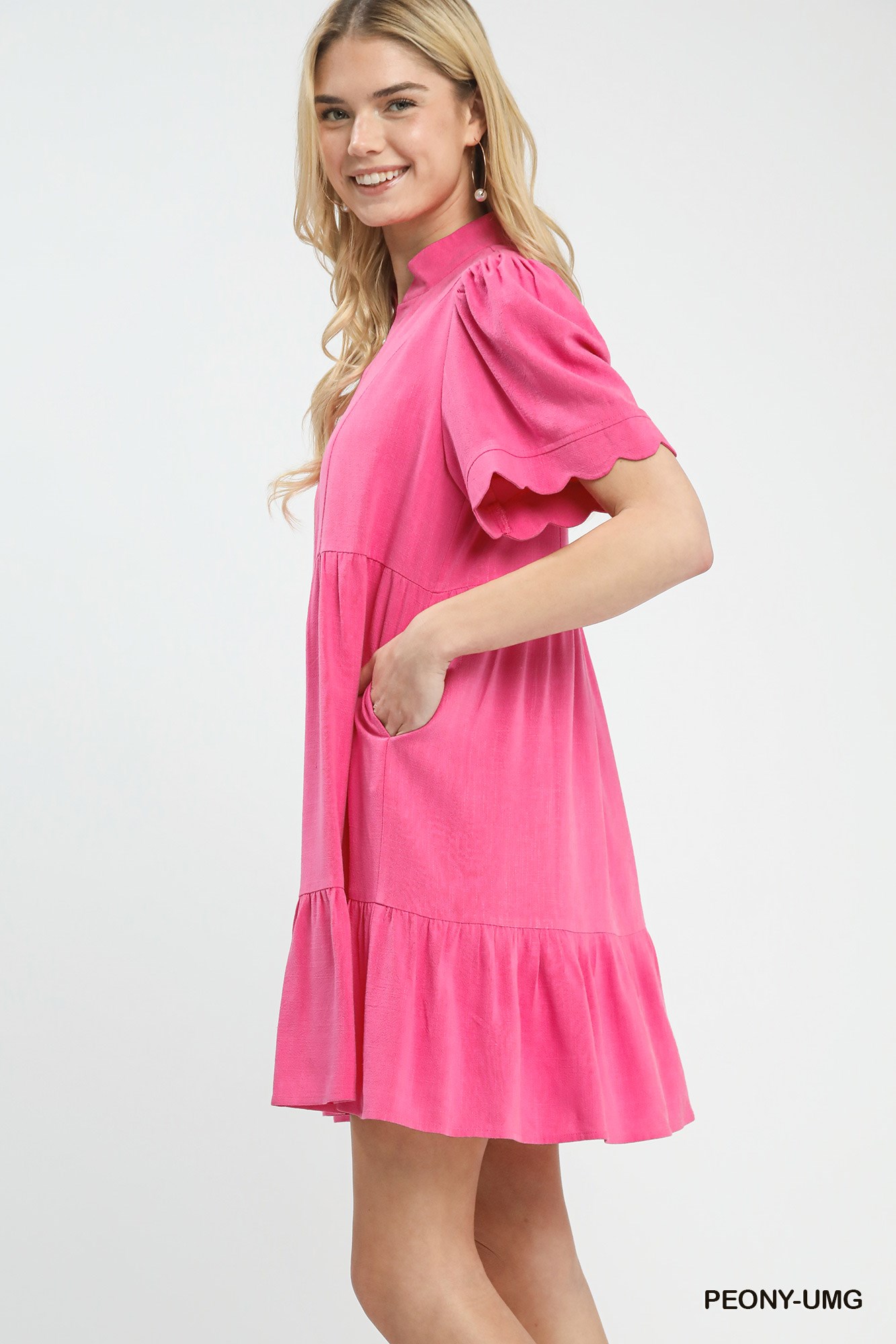 Linen Tiered Babydoll Dress with Scalloped Sleeves, image 2