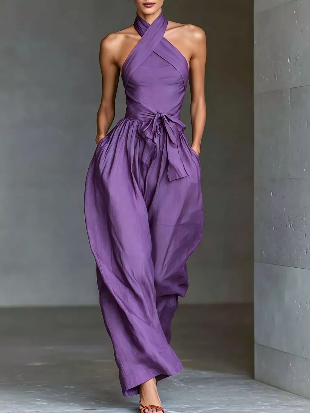 Halter Neck Wide-Leg Jumpsuit with Waist-Tie Detail, image 23