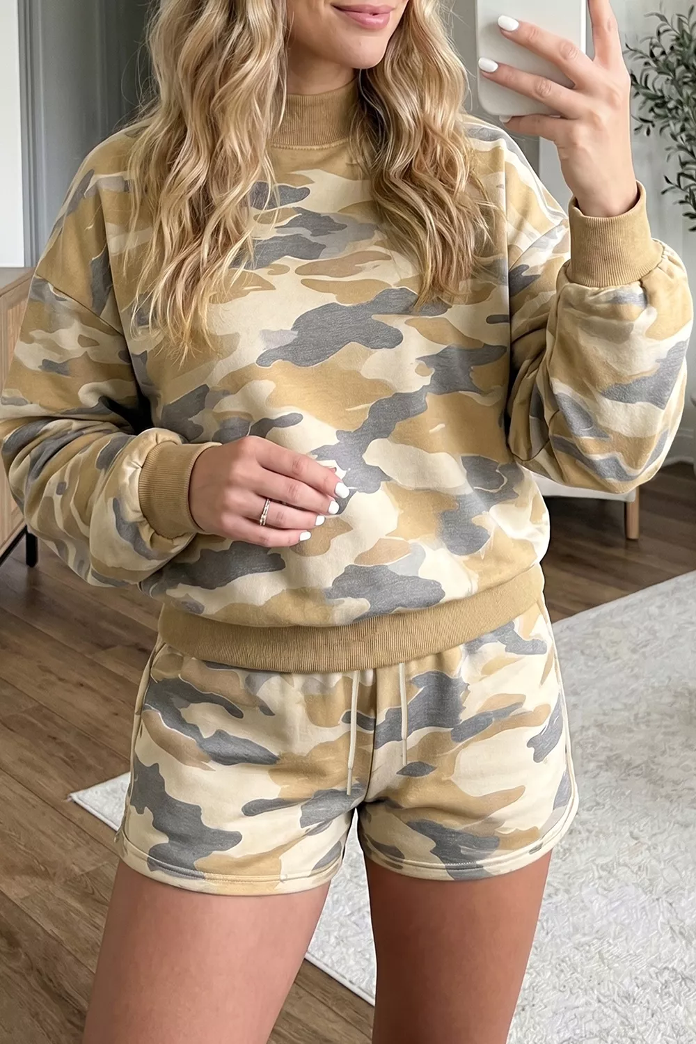 Camouflage Print Long Sleeve Top Drawstring Shorts Set