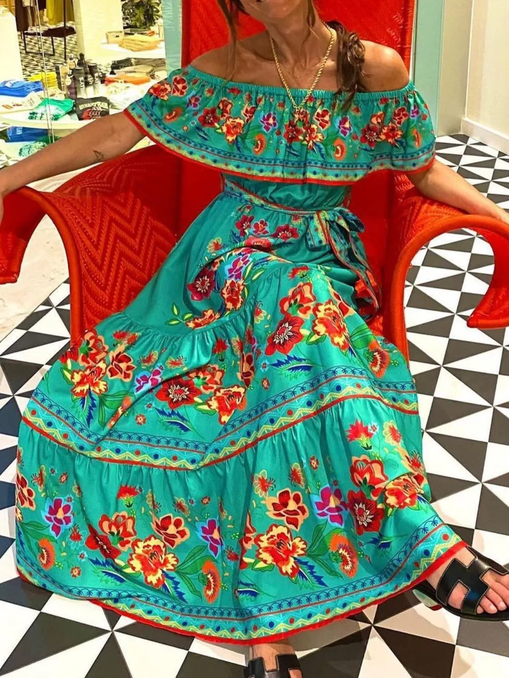 Floral Off Shoulder Ruffle Maxi Dress, image 2