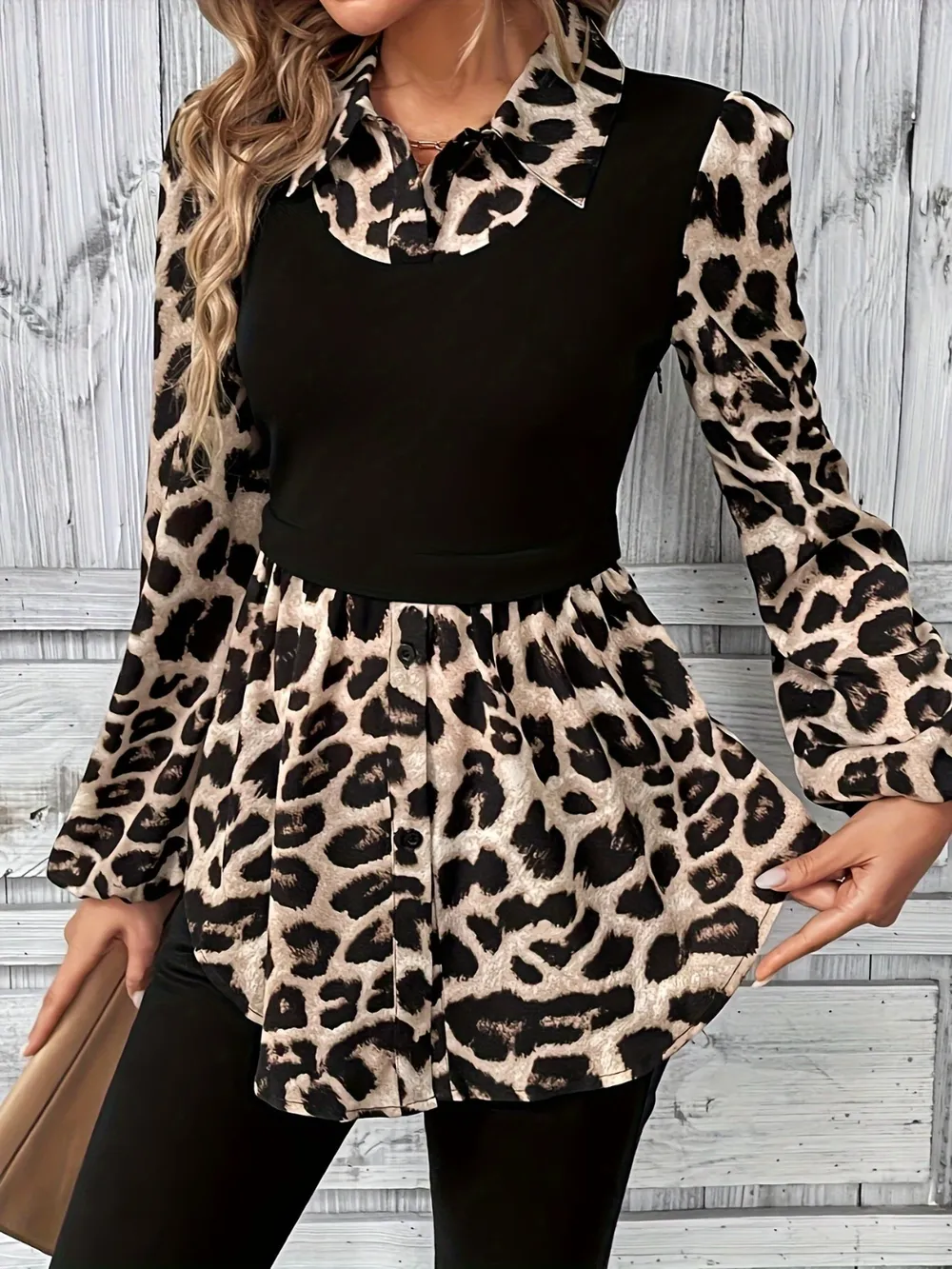 Leopard Collared Neck Balloon Sleeve Blouse, image 3