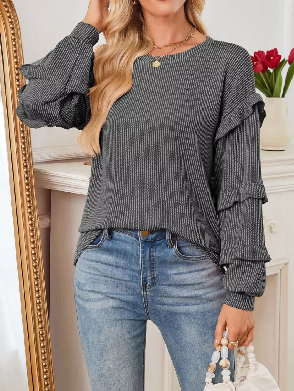 Ruffle Trim Long Sleeve Blouse, image 3