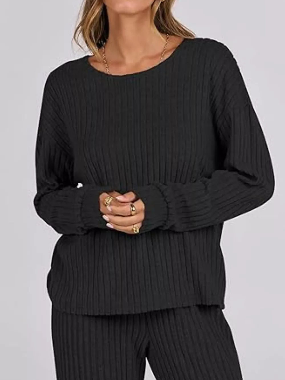 Relaxed Fit Ribbed Knit Top and Pants Set, image 2