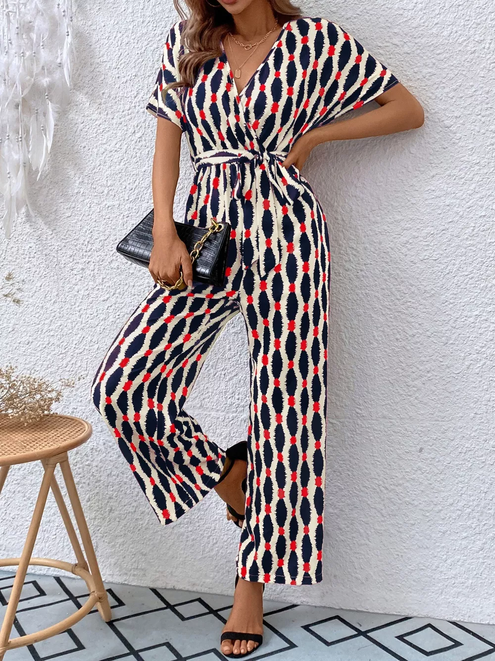 Printed Surplice Tie Waist Short Sleeve Jumpsuit, image 2