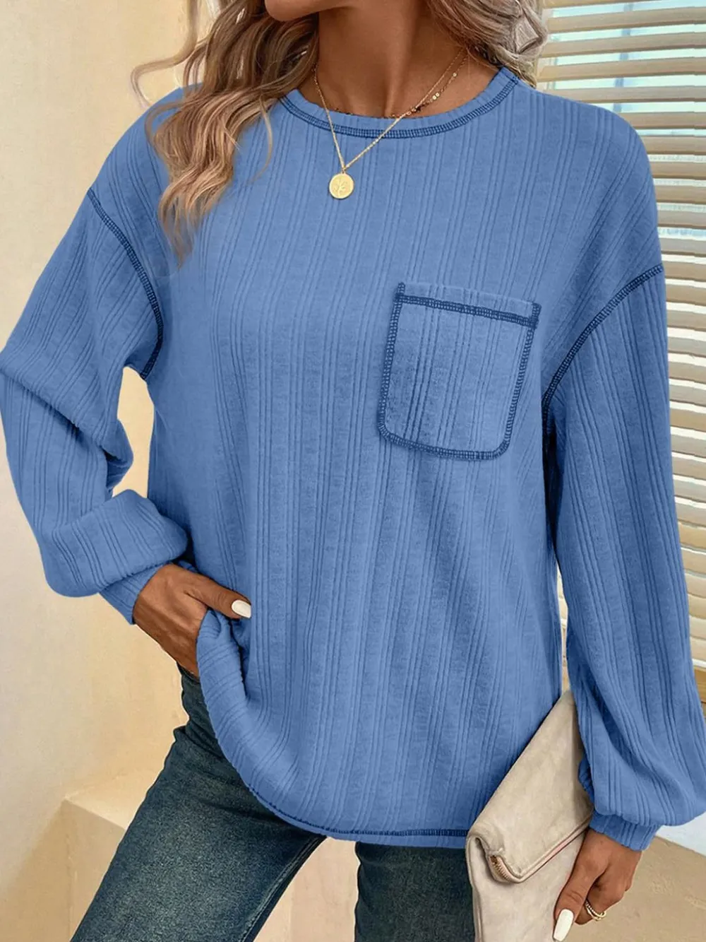 Contrast Stitching Round Neck Long Sleeve T-Shirt, image 10