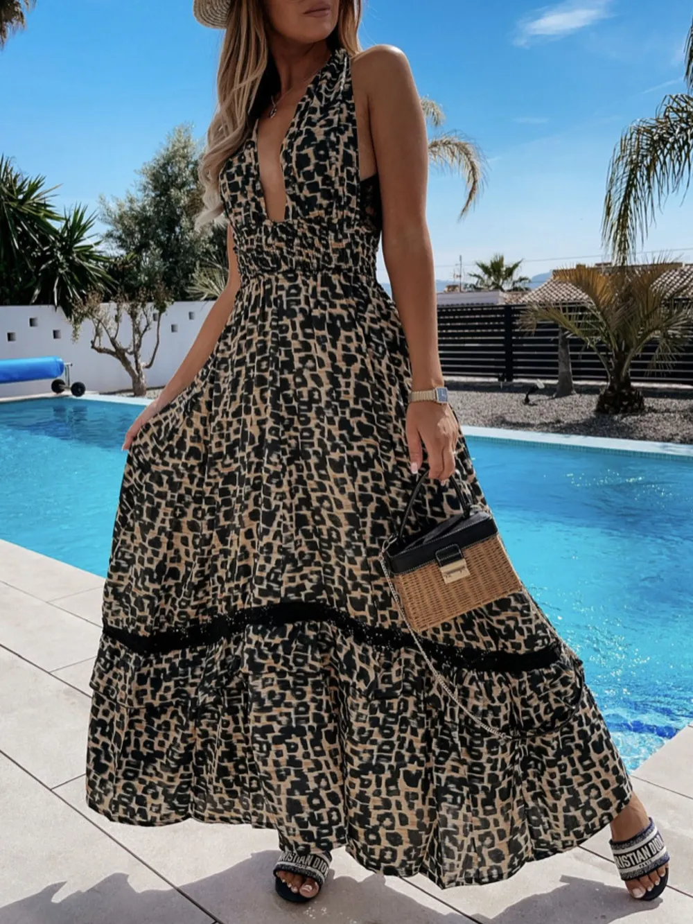 Leopard Print Sleeveless Maxi Dress with Lace Trim, image 4