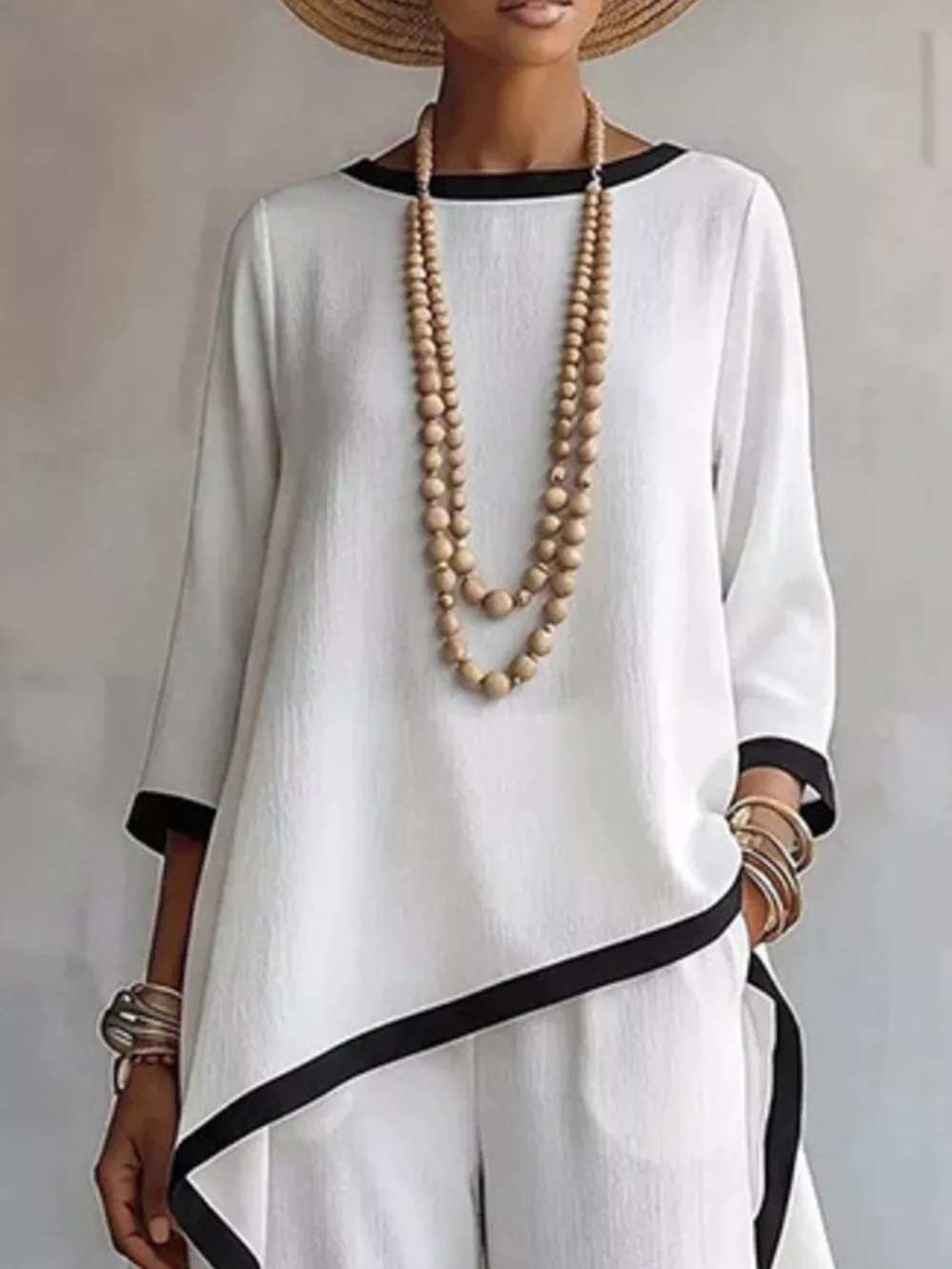 Full Size Contrast Trim High-Low Top and Pants Set Plus Size, image 2