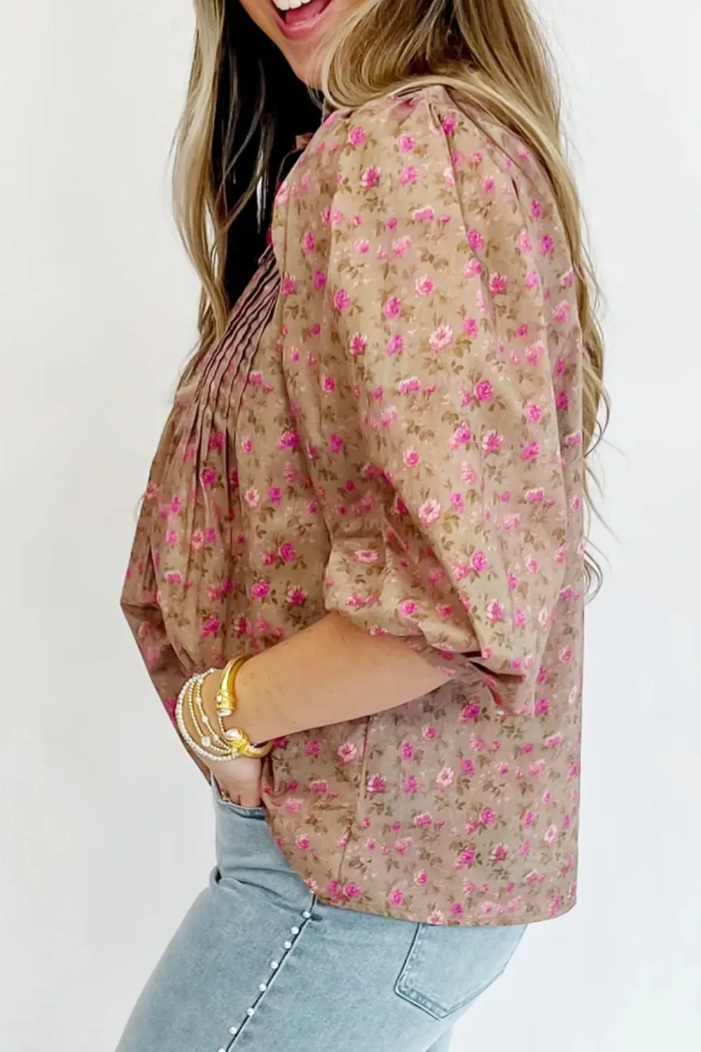 Floral Print Bow Pintuck Bust Half Puff Sleeve Blouse Top, image 2